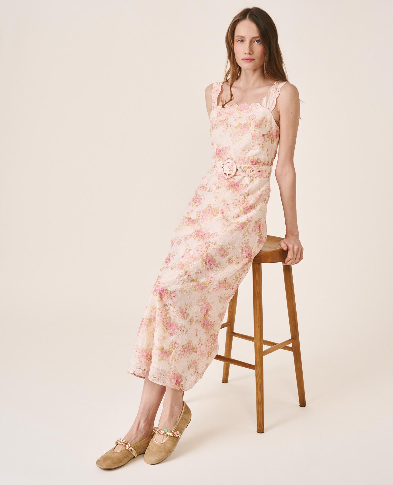 Vestido Comprido com Estampado Floral e Bordado Inglês com Fecho Zip Invisível nas Costas Rosa-5