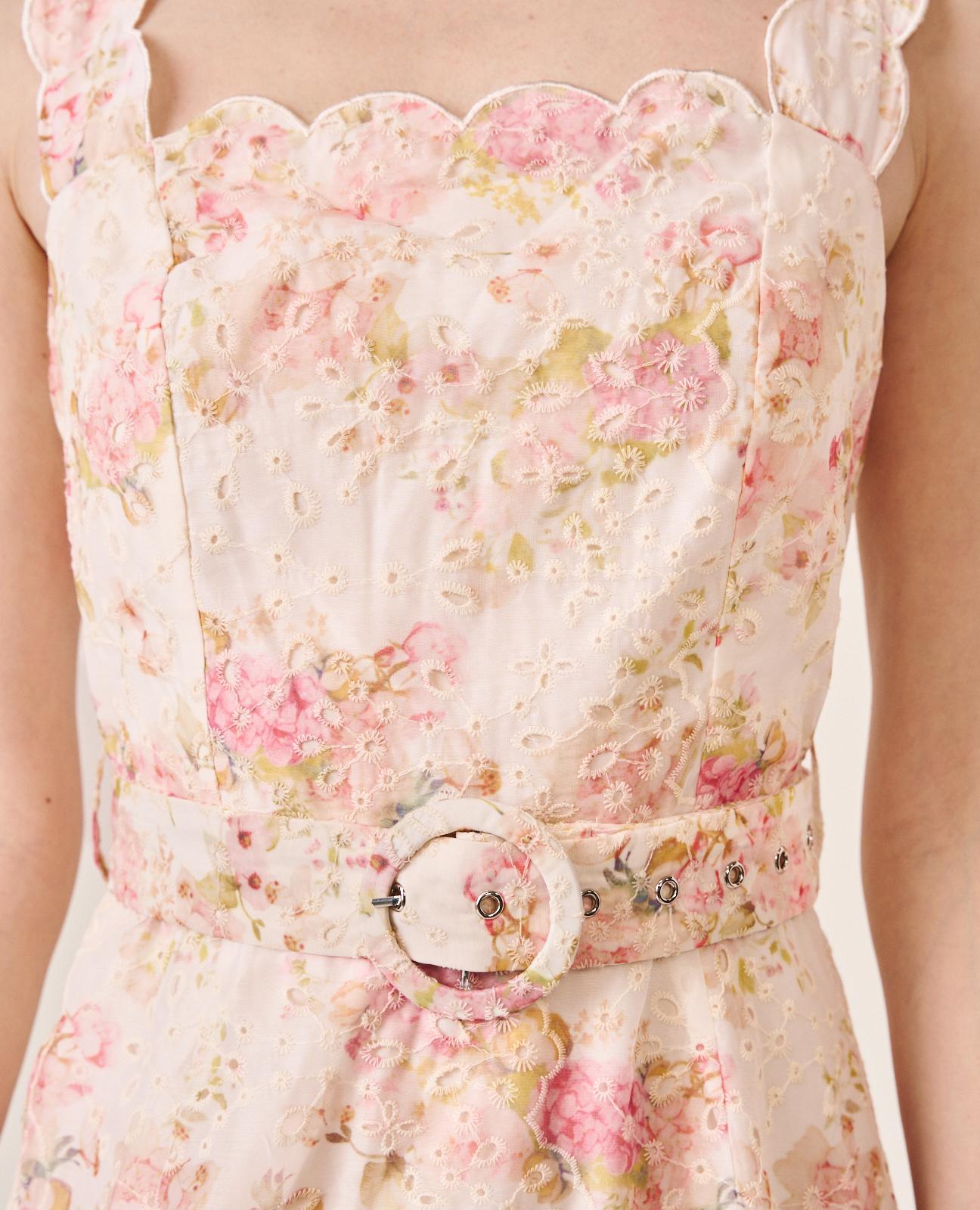 Vestido Comprido com Estampado Floral e Bordado Inglês com Fecho Zip Invisível nas Costas Rosa-6