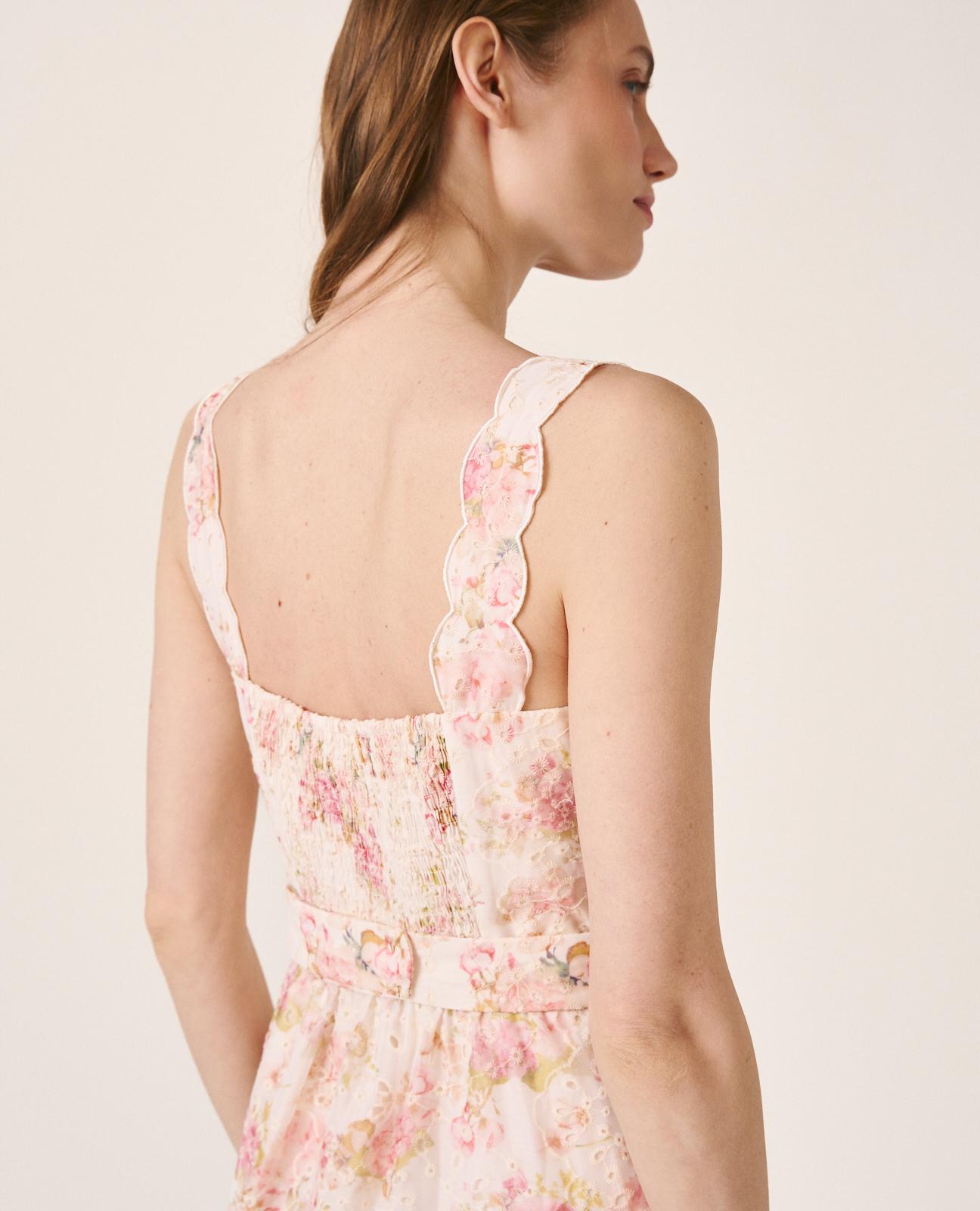 Vestido Comprido com Estampado Floral e Bordado Inglês com Fecho Zip Invisível nas Costas Rosa-7