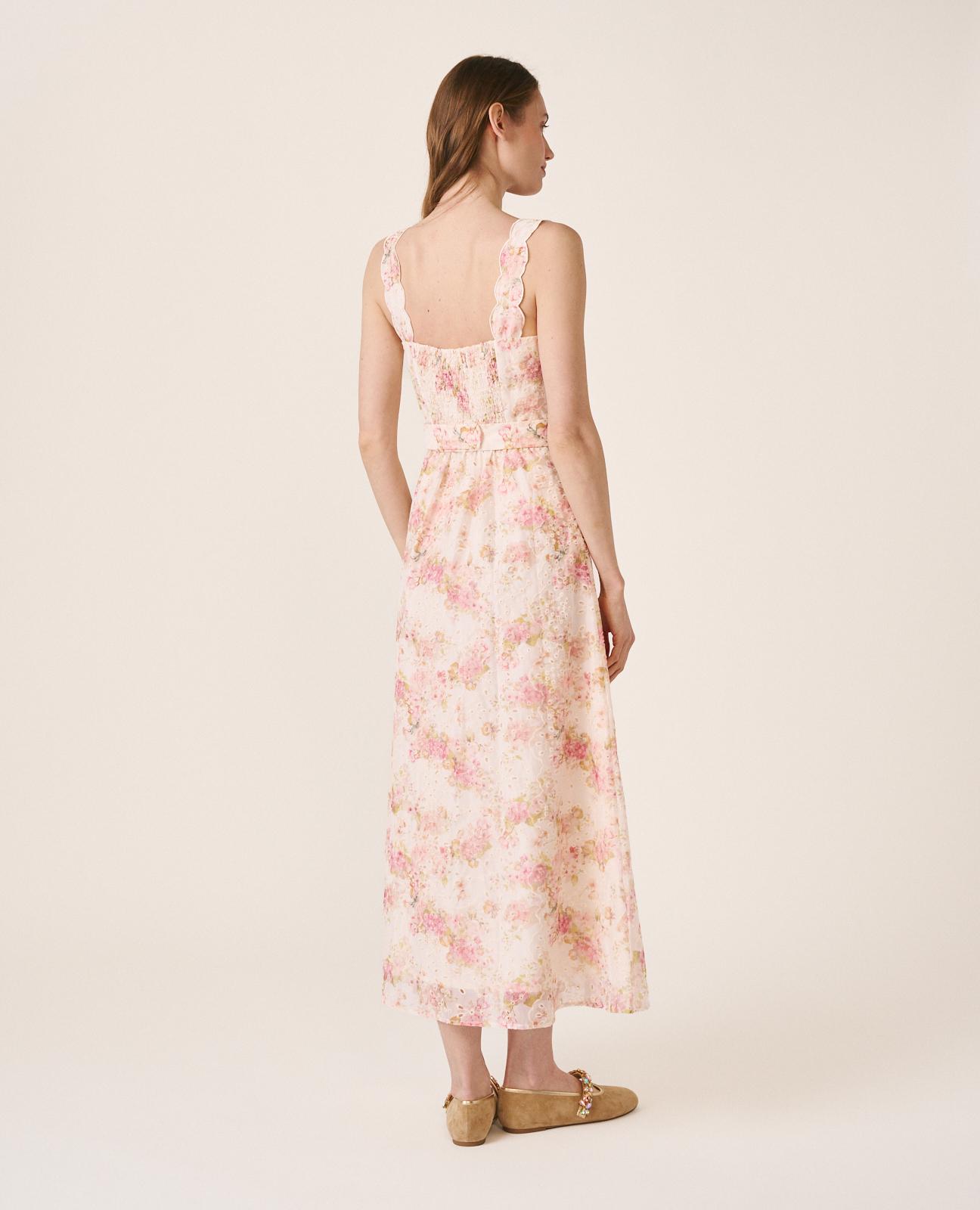 Vestido Comprido com Estampado Floral e Bordado Inglês com Fecho Zip Invisível nas Costas Rosa-8