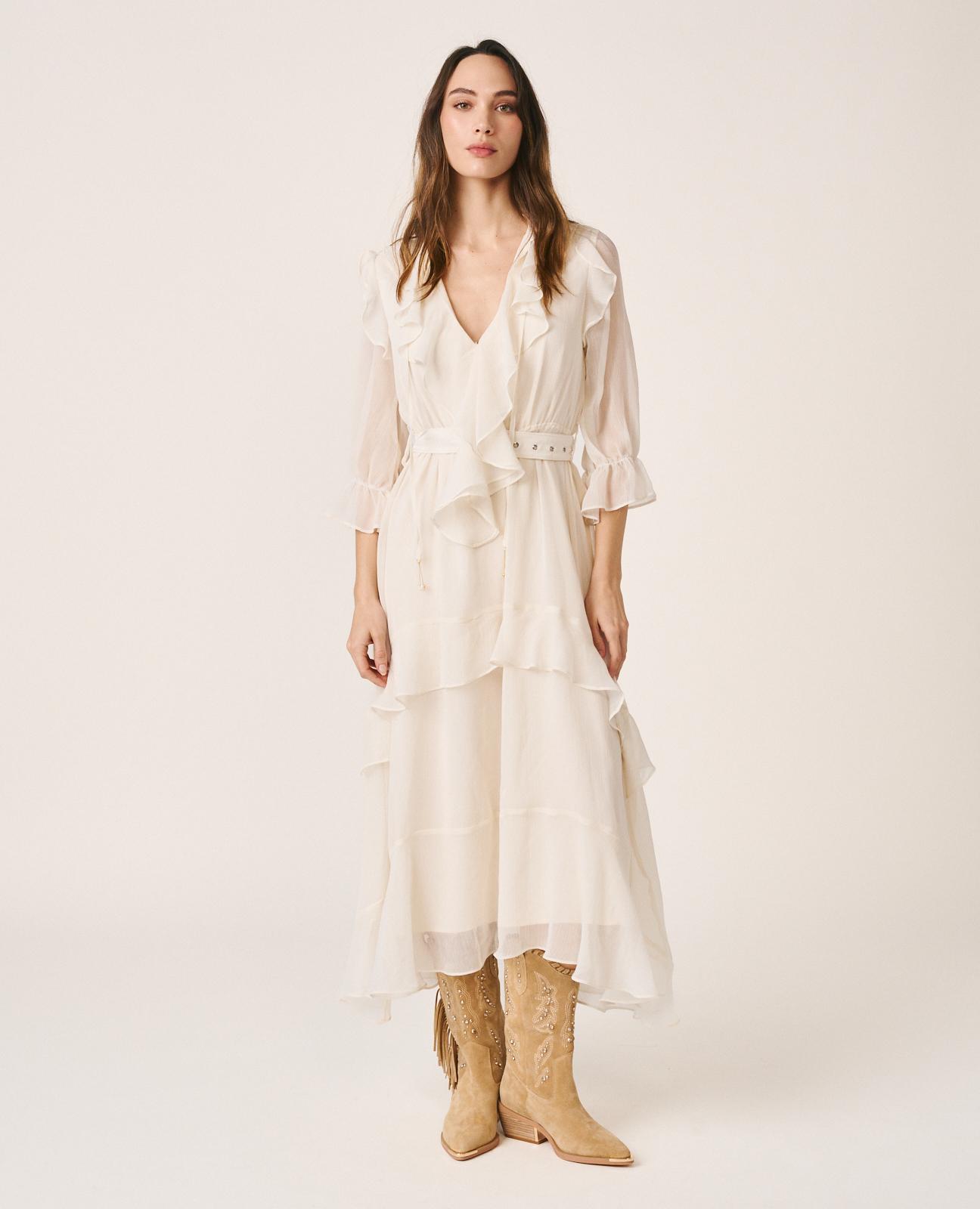 Vestido Midi Confecionado em Gase Liso e Manga Comprida Ablusada Branco-1