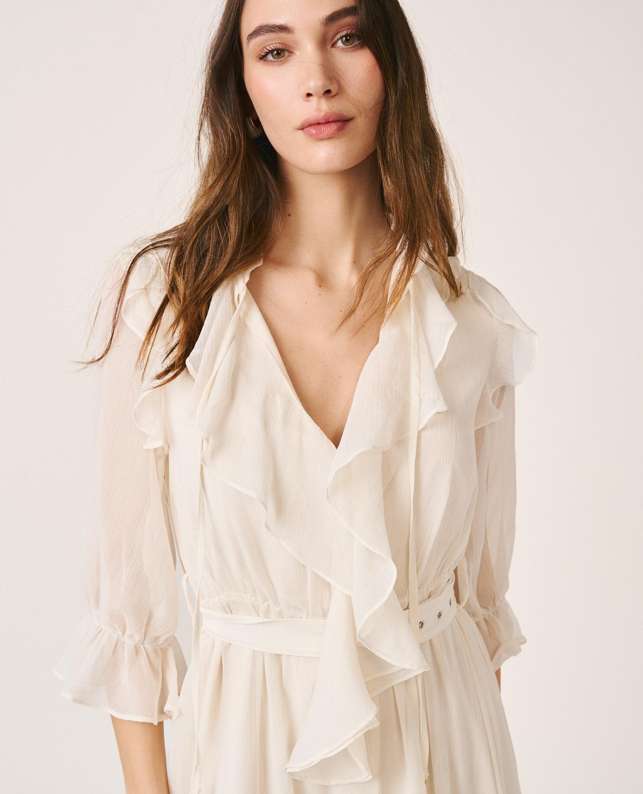 Vestido Midi Confecionado em Gase Liso e Manga Comprida Ablusada Branco-2