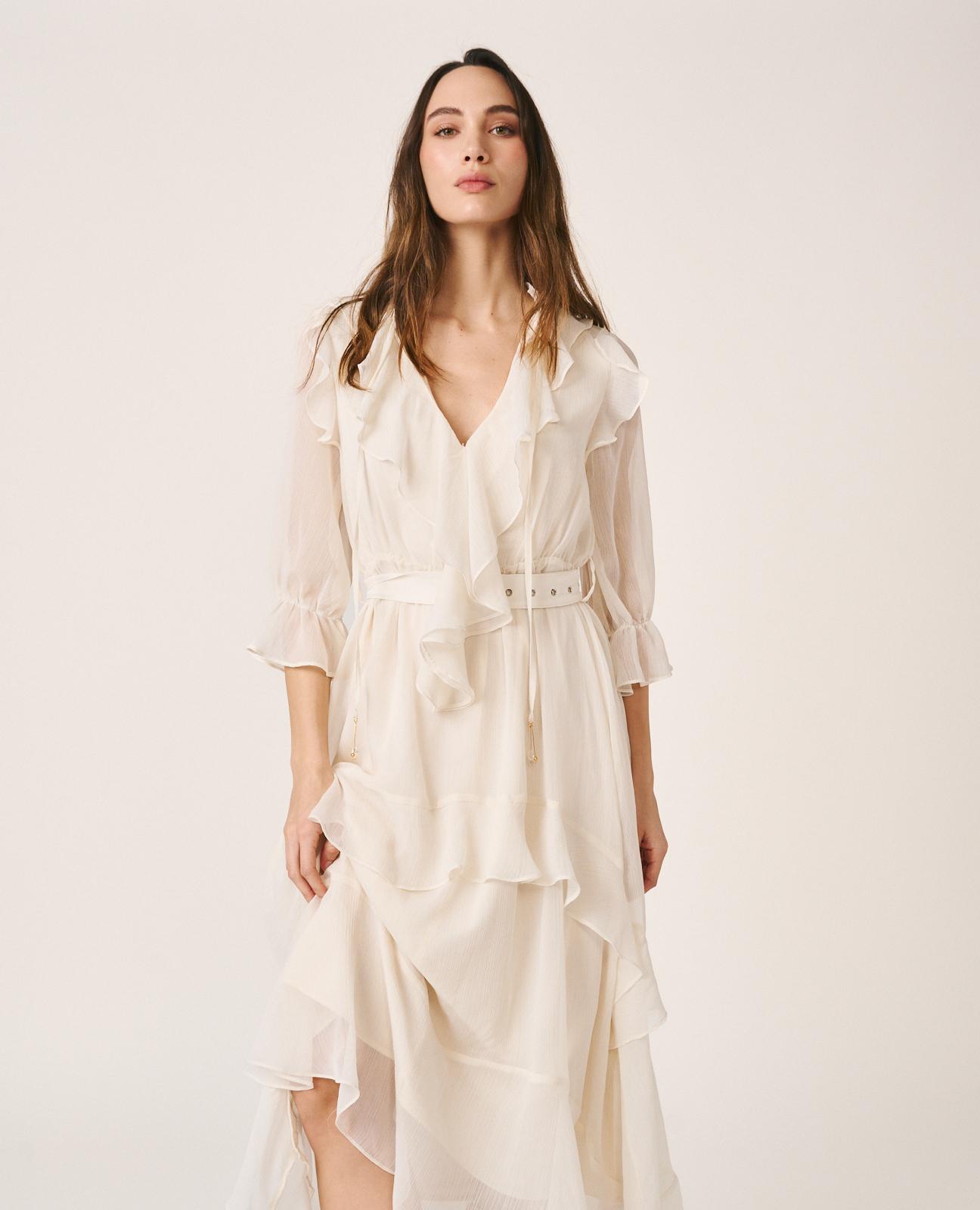Vestido Midi Confecionado em Gase Liso e Manga Comprida Ablusada Branco-3