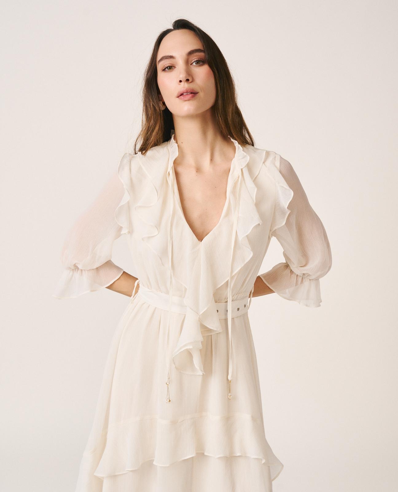 Vestido Midi Confecionado em Gase Liso e Manga Comprida Ablusada Branco-4