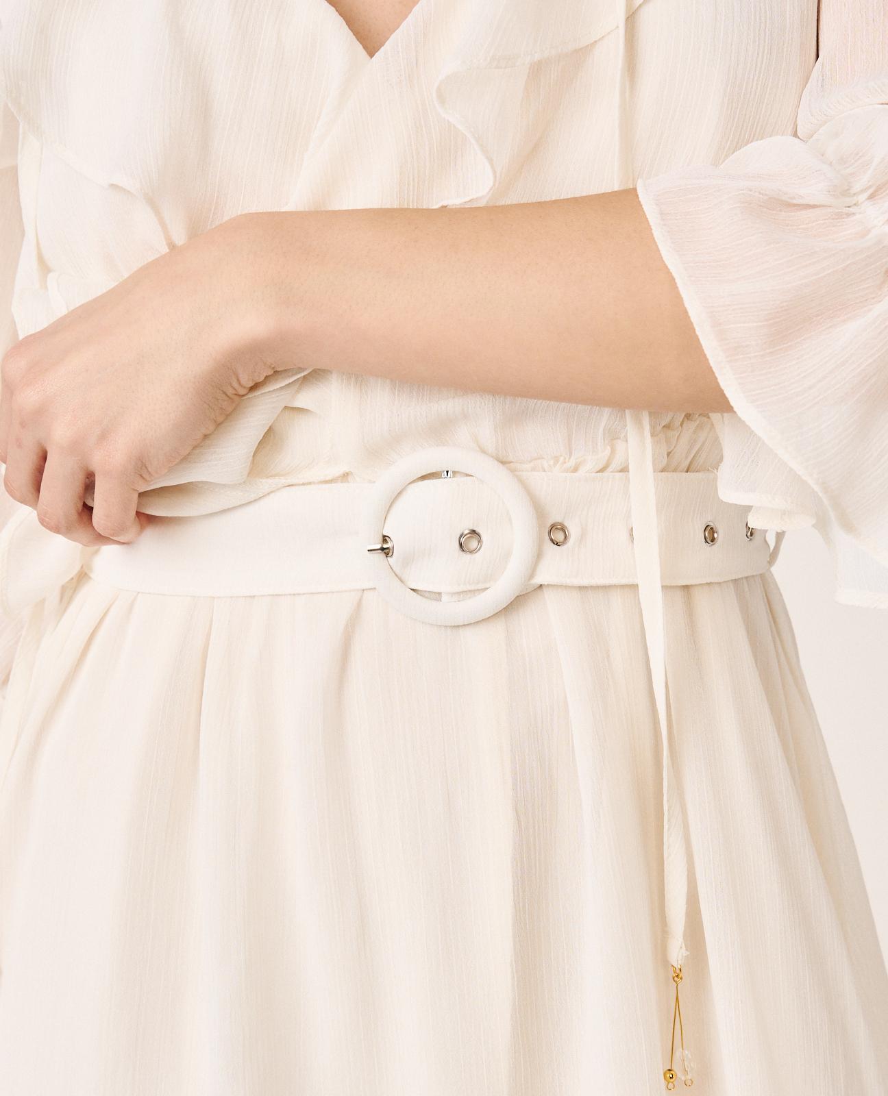 Vestido Midi Confecionado em Gase Liso e Manga Comprida Ablusada Branco-5