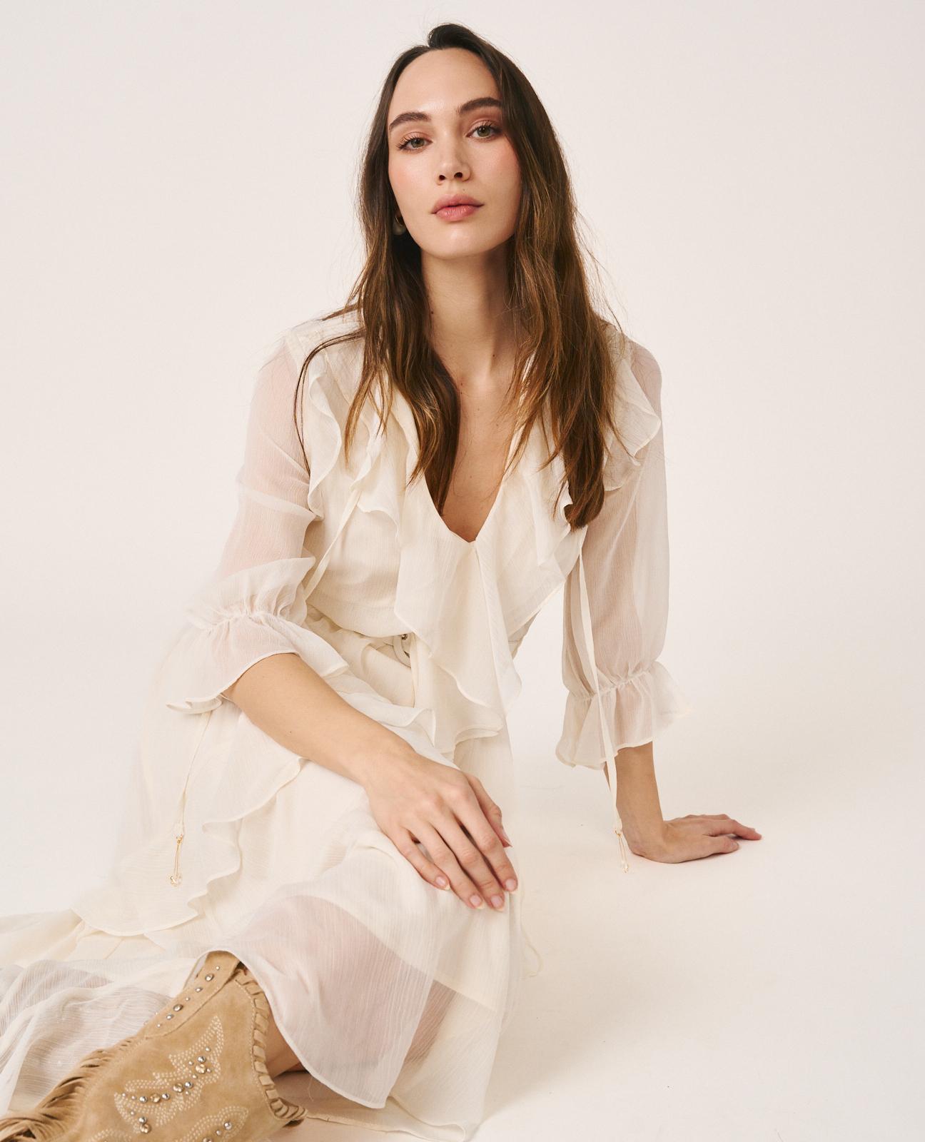 Vestido Midi Confecionado em Gase Liso e Manga Comprida Ablusada Branco-6