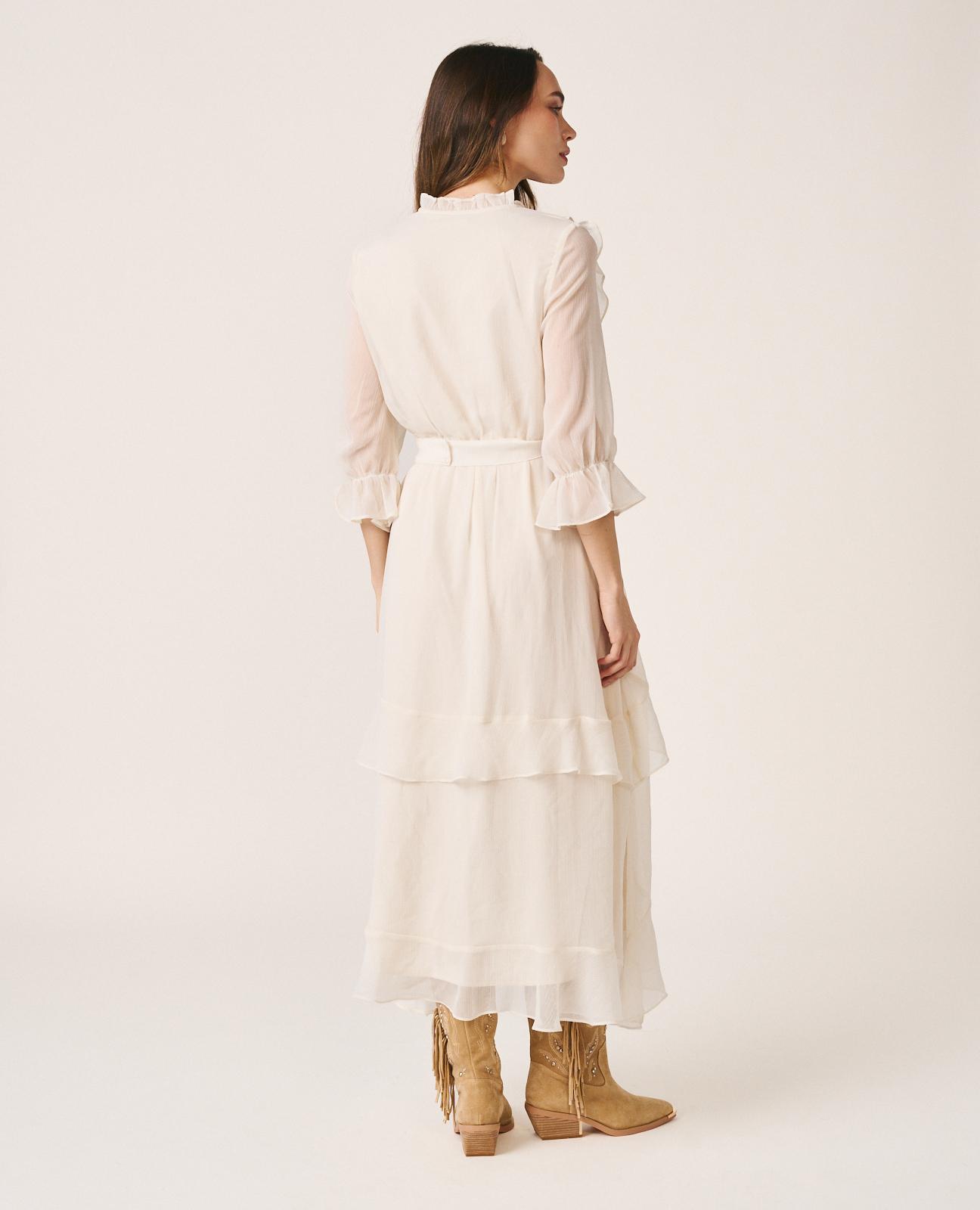 Vestido Midi Confecionado em Gase Liso e Manga Comprida Ablusada Branco-7
