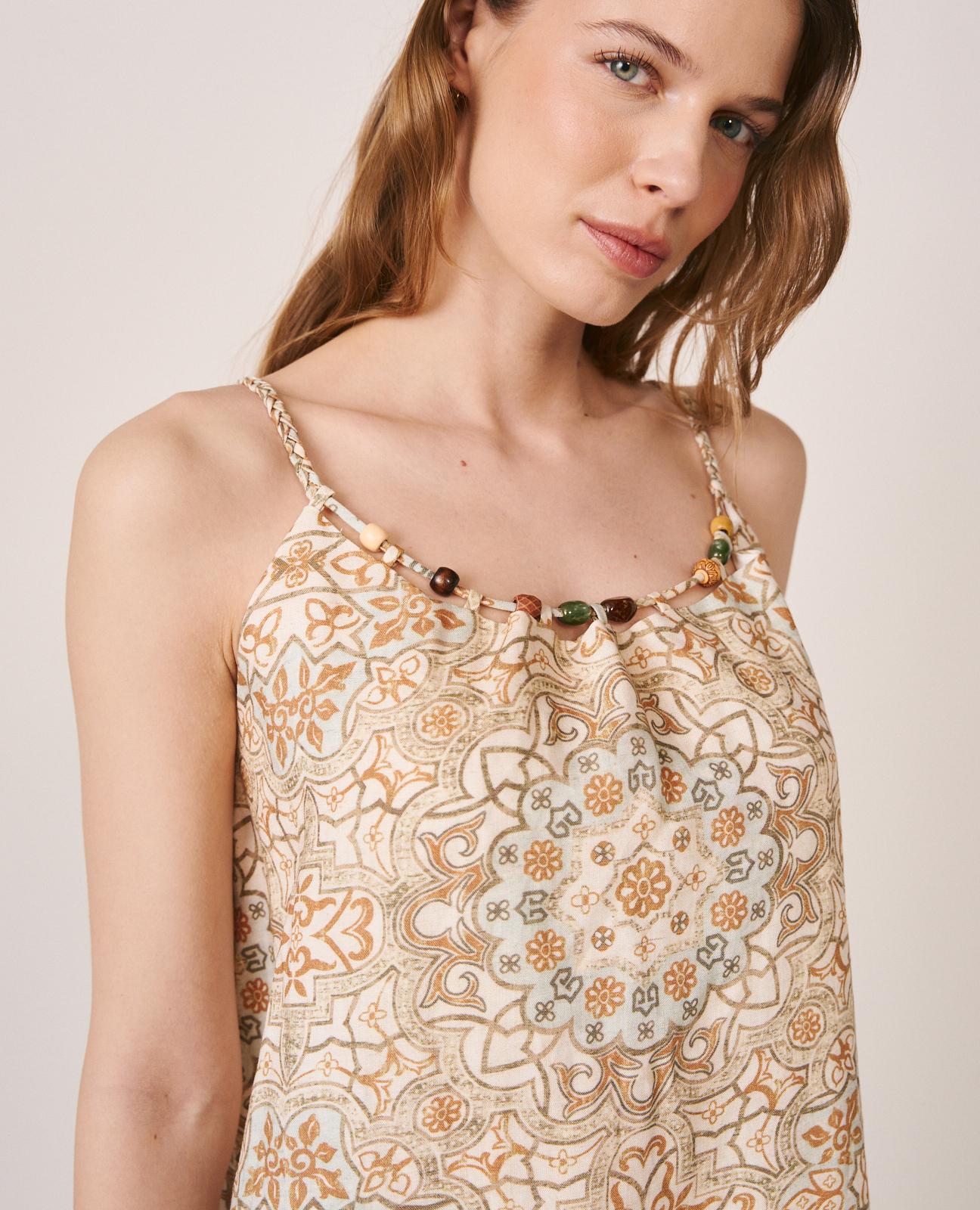 Vestido Midi com Estampado Geométrico sem Mangas e Decote com Detalhe de Pedras Caqui-5