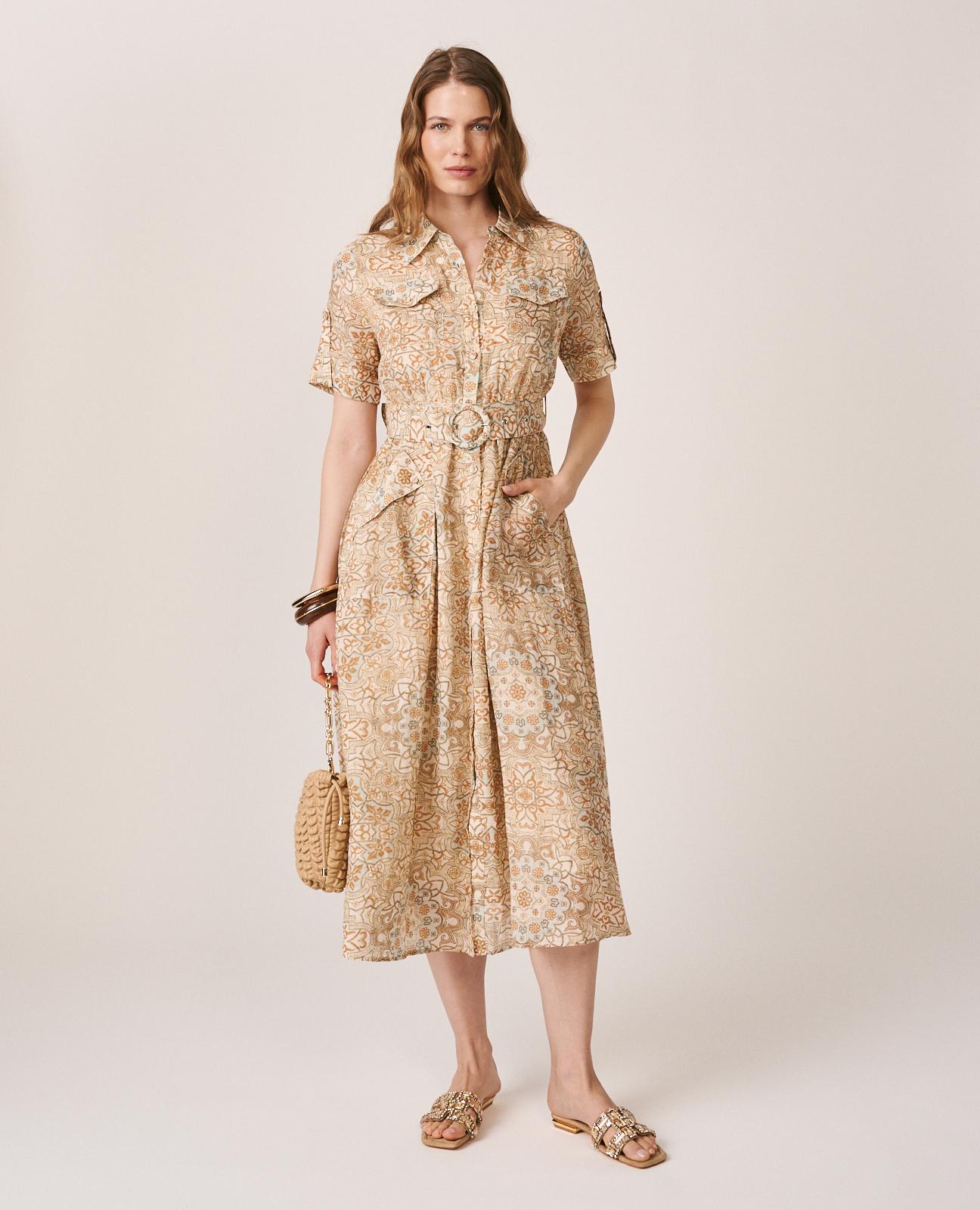 Imagem 0 de Vestido Midi com Estampado Mosaico e Manga Curta Tipo Camisa