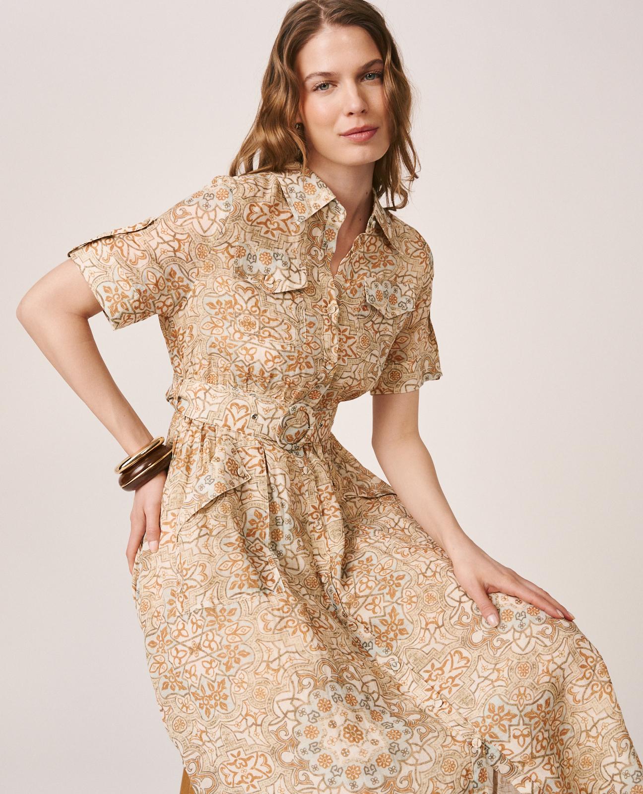 Vestido Midi com Estampado Mosaico e Manga Curta Tipo Camisa Caqui-2