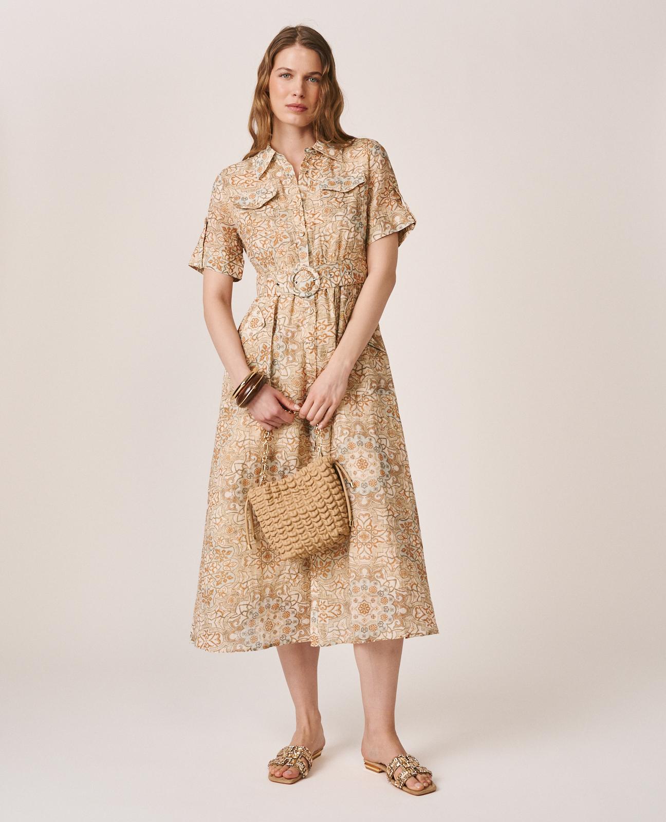 Vestido Midi com Estampado Mosaico e Manga Curta Tipo Camisa Caqui-3