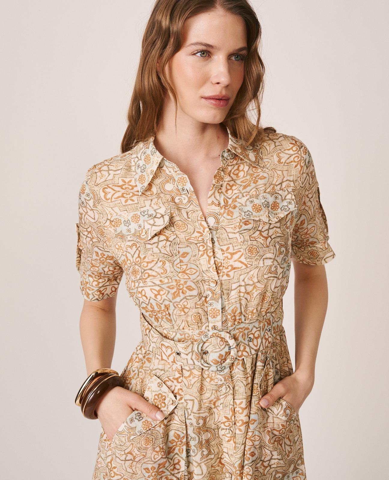 Vestido Midi com Estampado Mosaico e Manga Curta Tipo Camisa Caqui-4