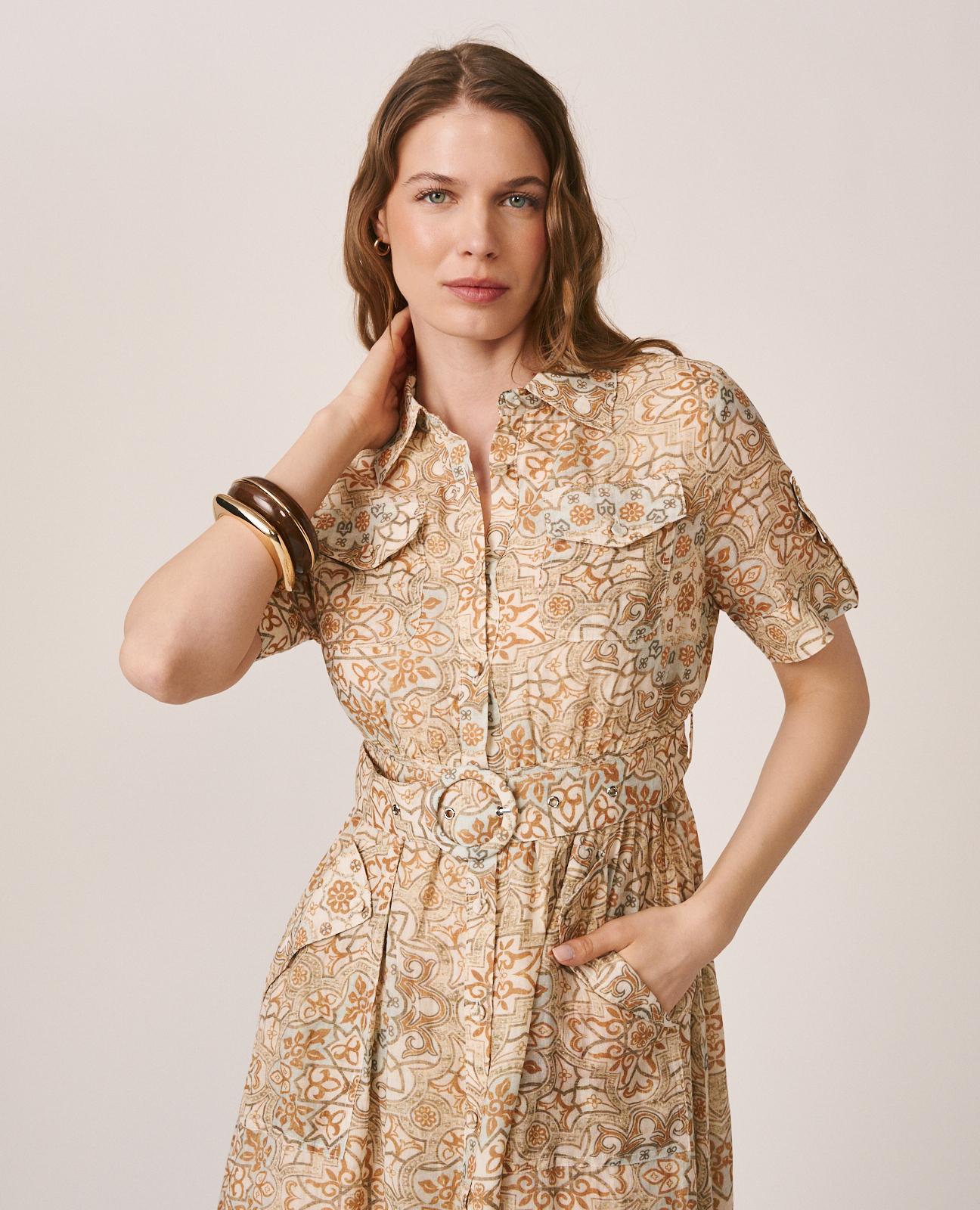 Vestido Midi com Estampado Mosaico e Manga Curta Tipo Camisa Caqui-6