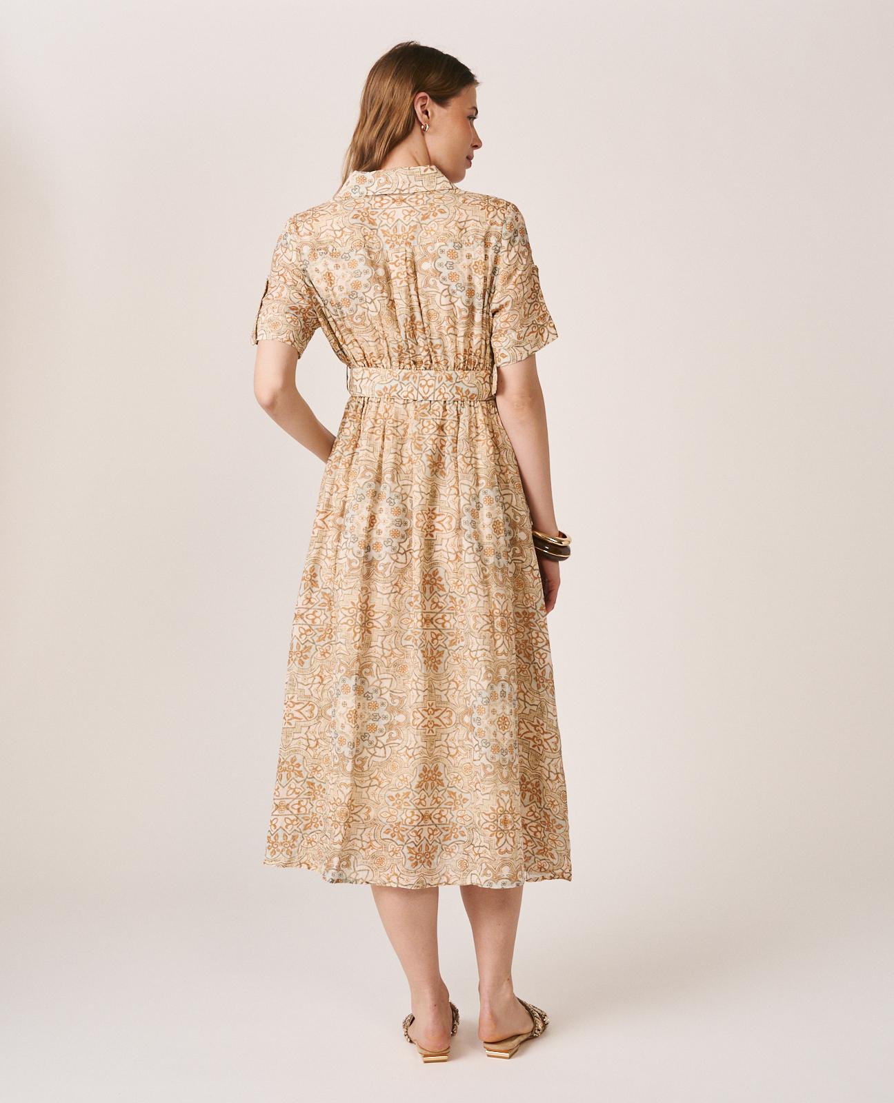 Vestido Midi com Estampado Mosaico e Manga Curta Tipo Camisa Caqui-8