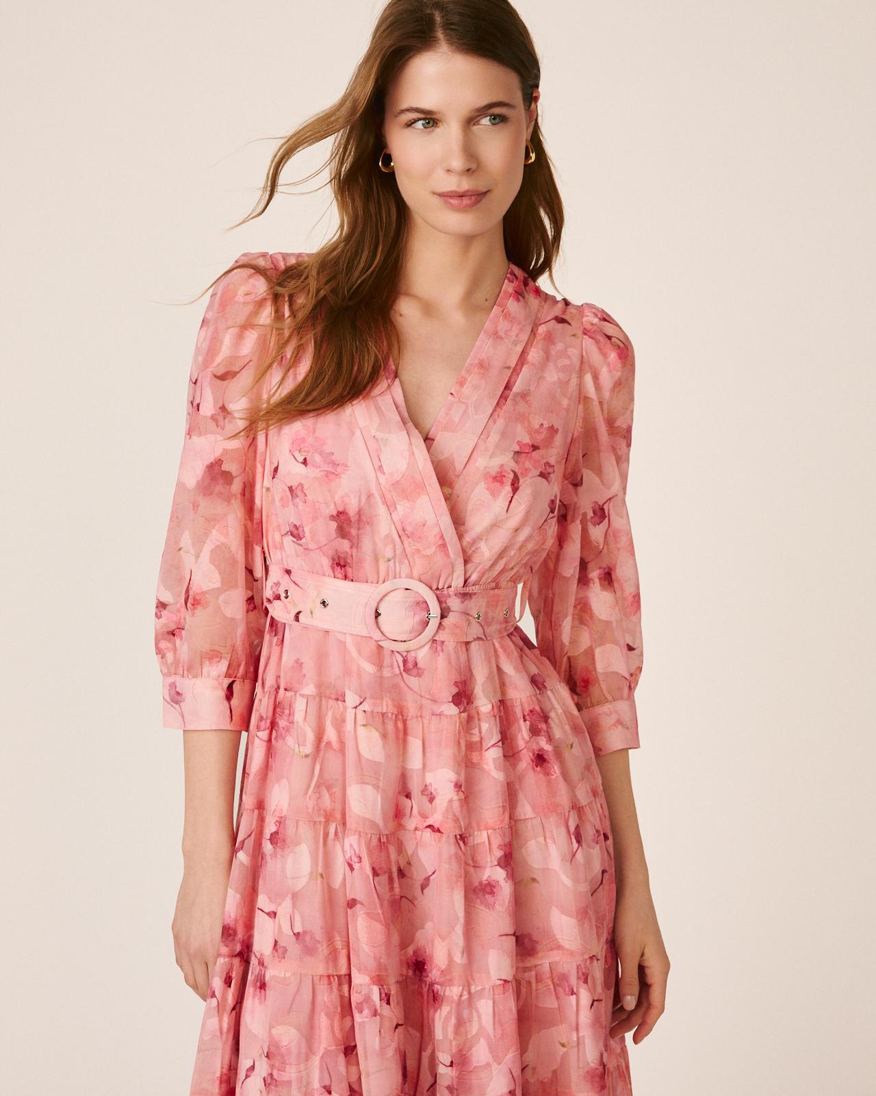 Vestido Comprido Fluido de Manga 3/4 Ablusada com Decote Cruzado e Cinto Forrado em Tecido Rosa-2
