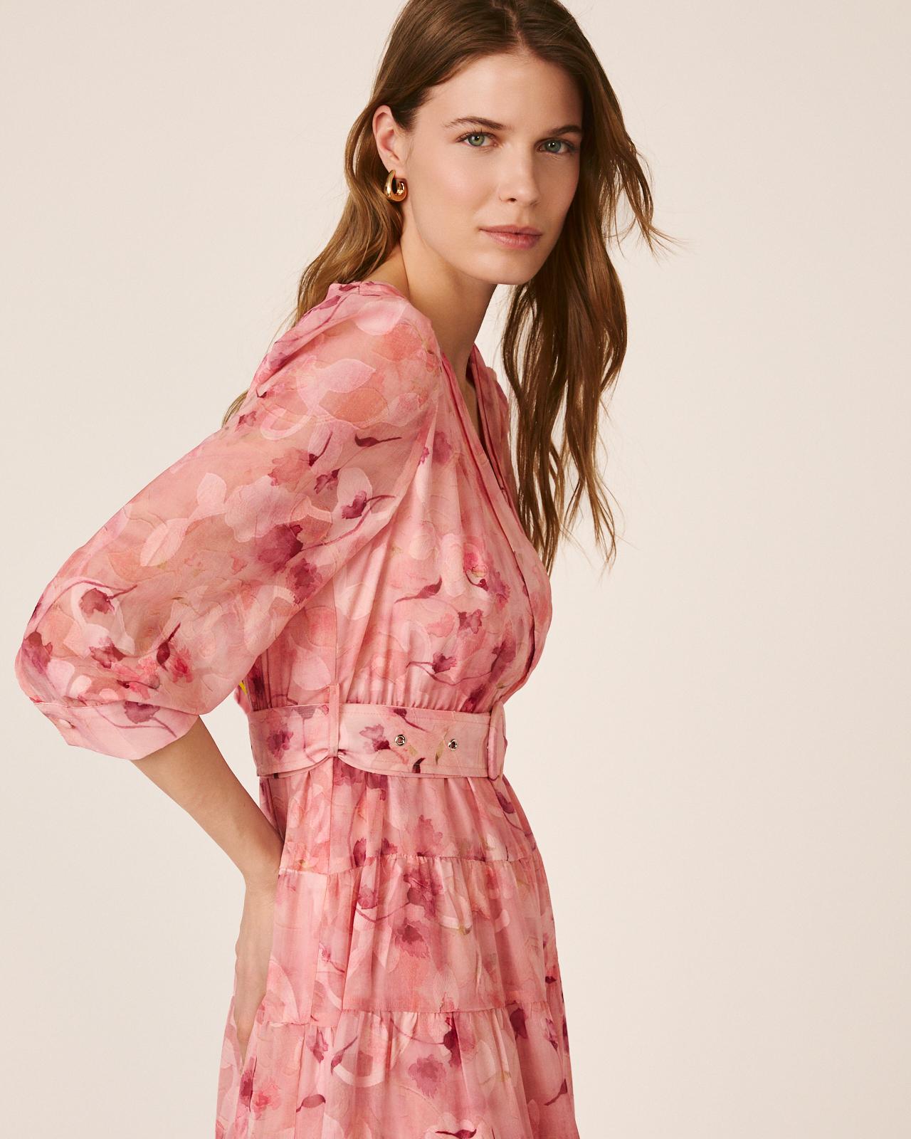 Vestido Comprido Fluido de Manga 3/4 Ablusada com Decote Cruzado e Cinto Forrado em Tecido Rosa-3
