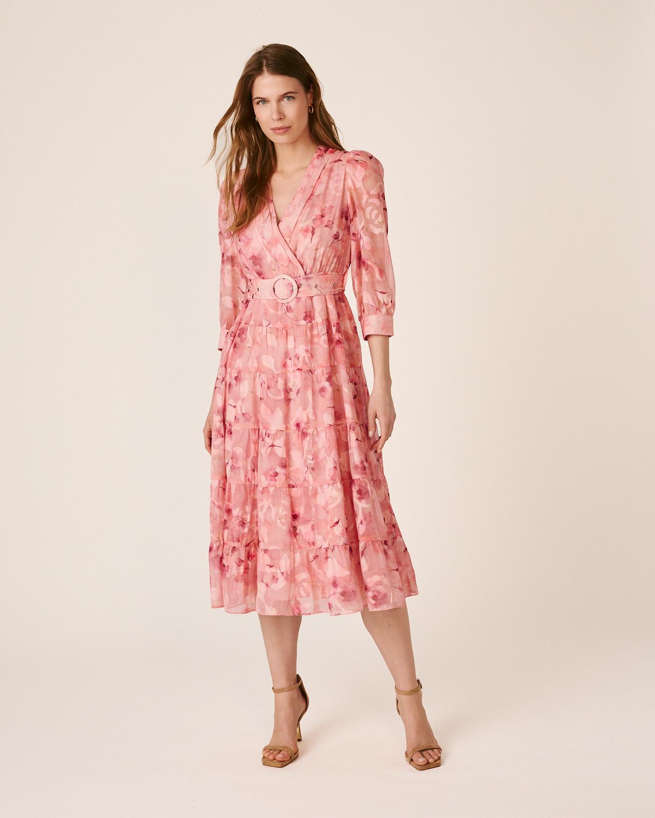 Vestido Comprido Fluido de Manga 3/4 Ablusada com Decote Cruzado e Cinto Forrado em Tecido Rosa-4