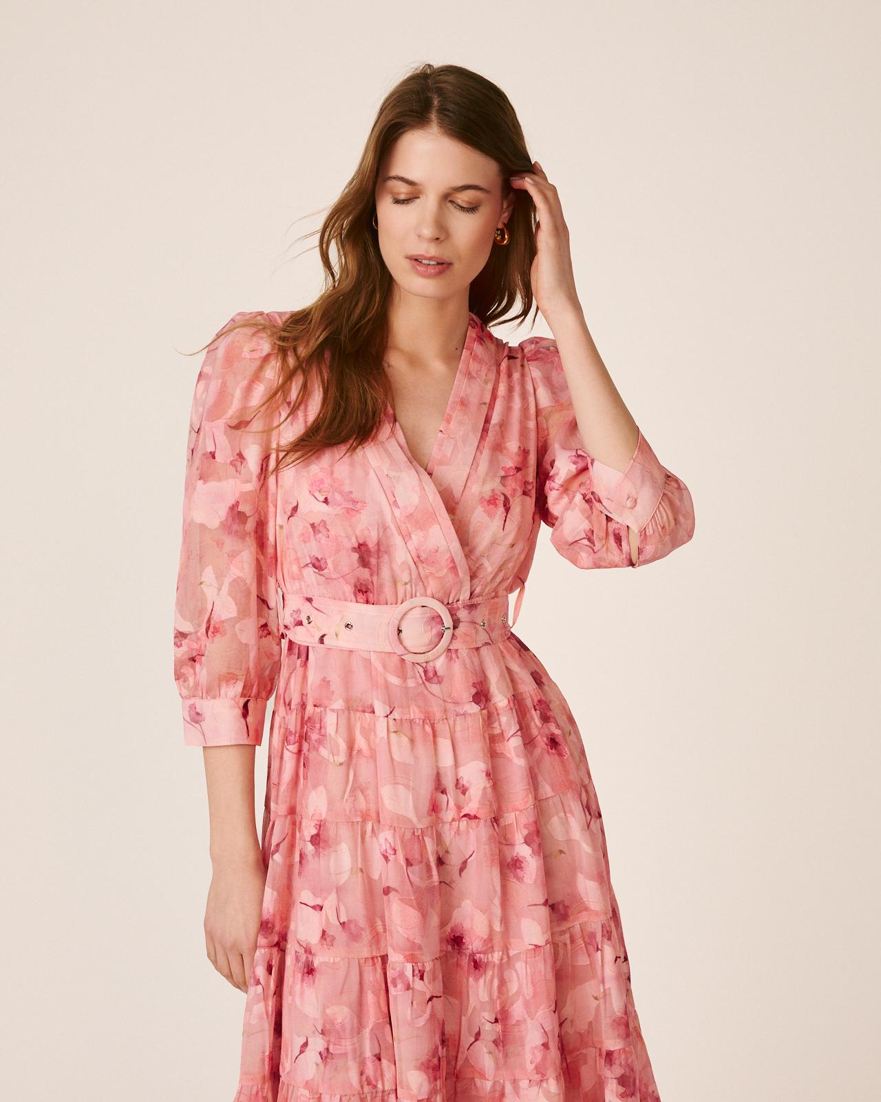 Vestido Comprido Fluido de Manga 3/4 Ablusada com Decote Cruzado e Cinto Forrado em Tecido Rosa-5