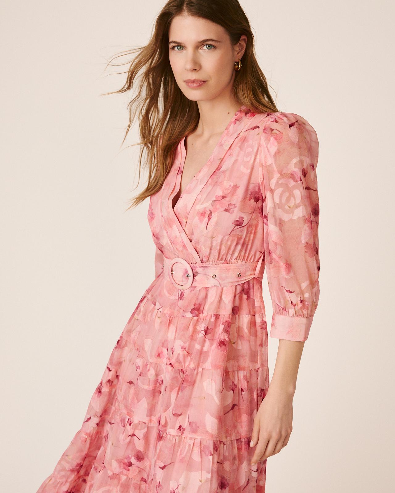 Vestido Comprido Fluido de Manga 3/4 Ablusada com Decote Cruzado e Cinto Forrado em Tecido Rosa-6