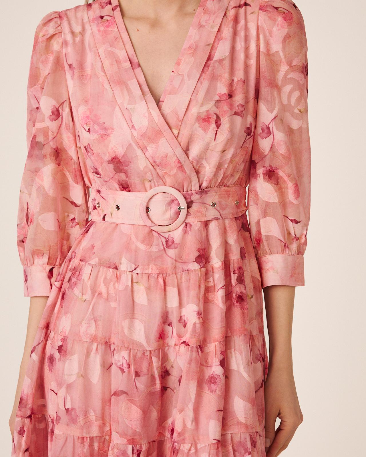 Vestido Comprido Fluido de Manga 3/4 Ablusada com Decote Cruzado e Cinto Forrado em Tecido Rosa-7
