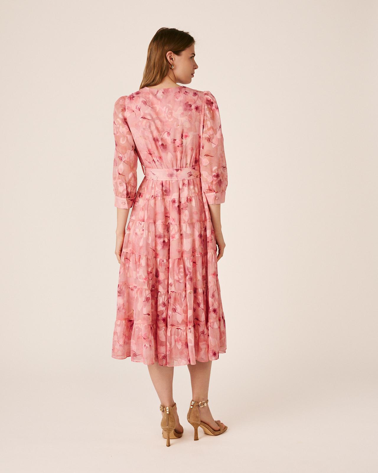 Vestido Comprido Fluido de Manga 3/4 Ablusada com Decote Cruzado e Cinto Forrado em Tecido Rosa-8