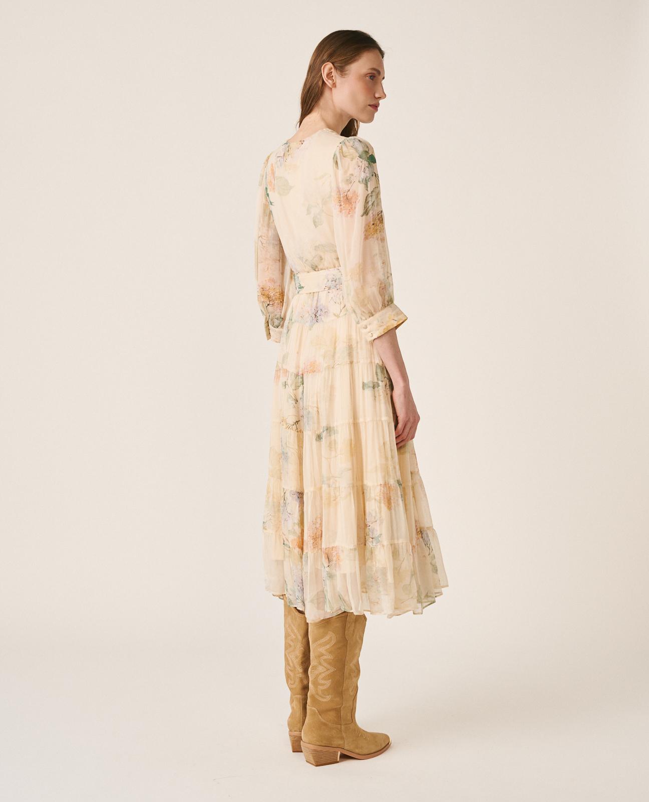 Vestido Comprido Fluido de Manga 3/4 Ablusada com Decote Cruzado e Cinto Forrado em Tecido Bege-8