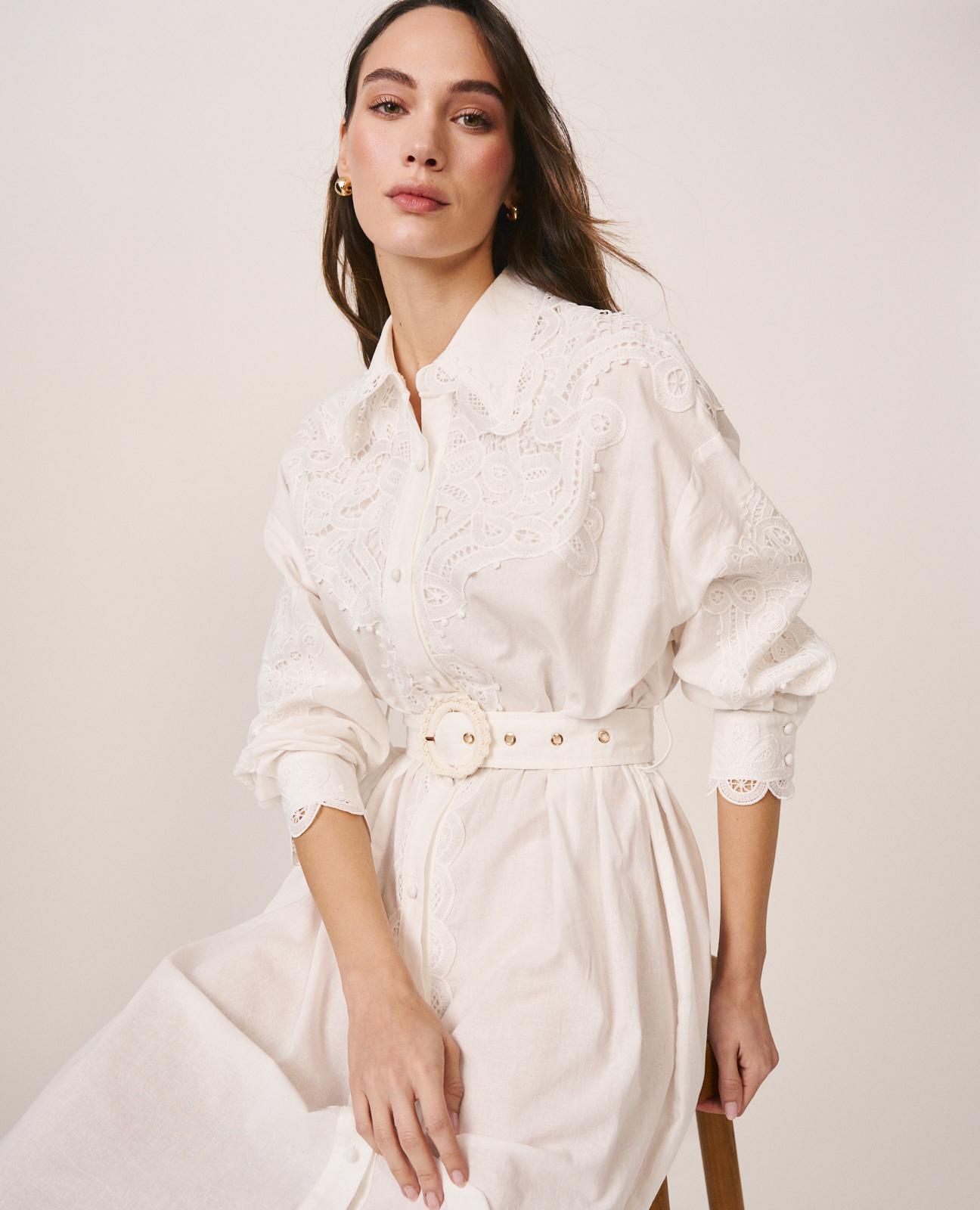 Vestido Midi Bordado de Manga Comprida com Cinto Branco-1