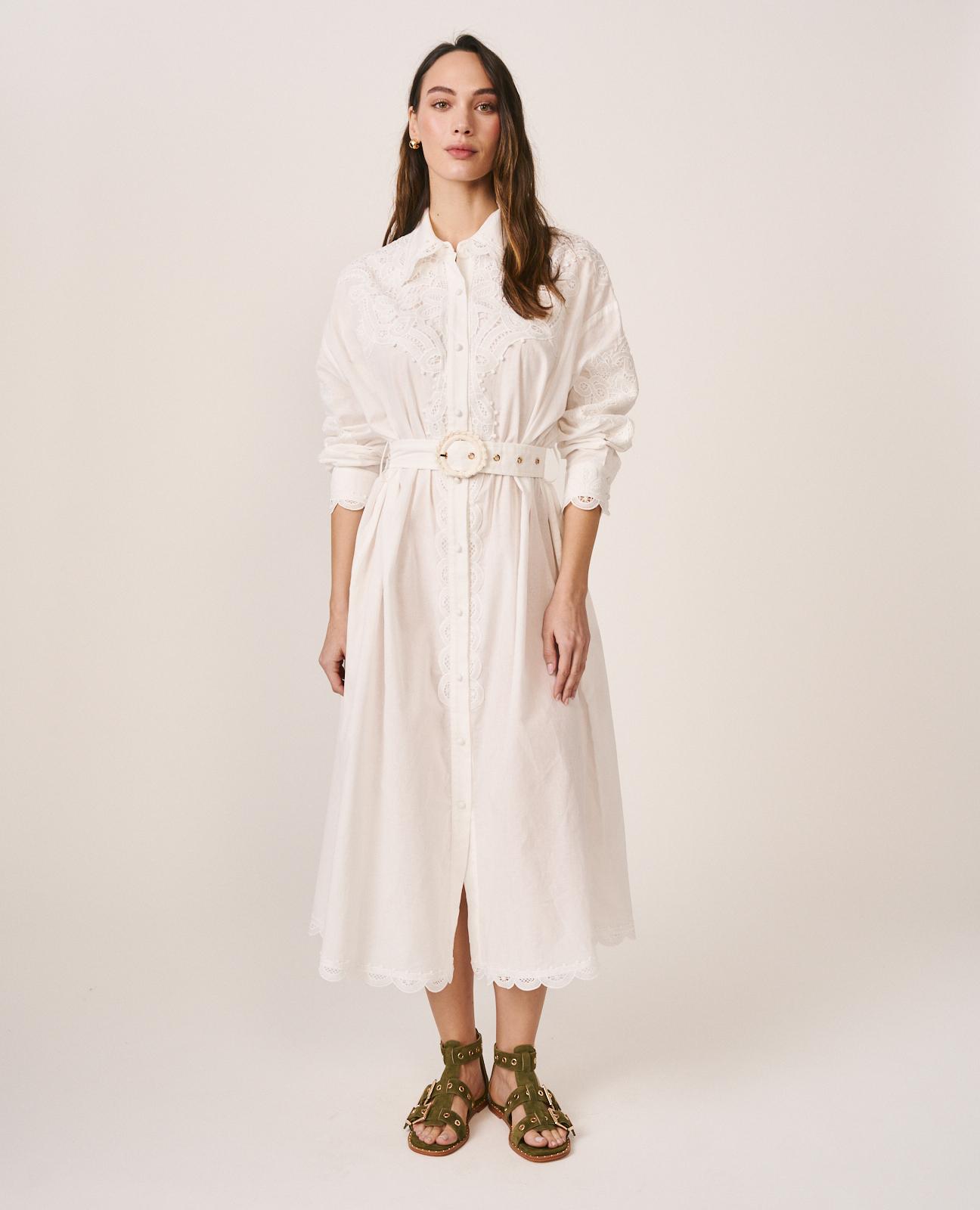 Vestido Midi Bordado de Manga Comprida com Cinto Branco-2