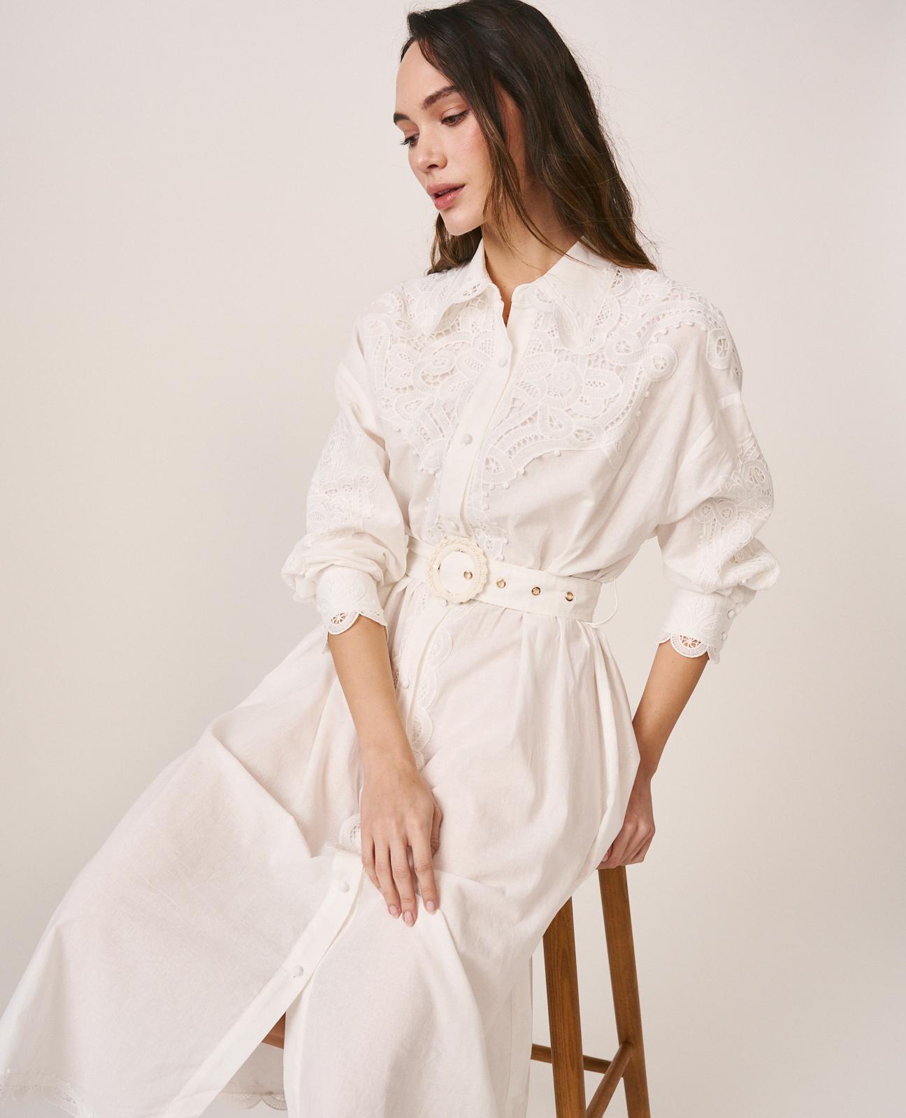 Vestido Midi Bordado de Manga Comprida com Cinto Branco-3