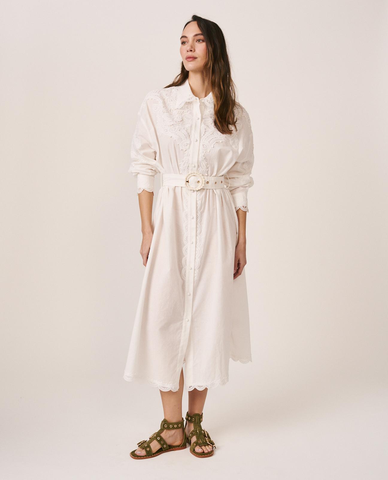 Vestido Midi Bordado de Manga Comprida com Cinto Branco-4
