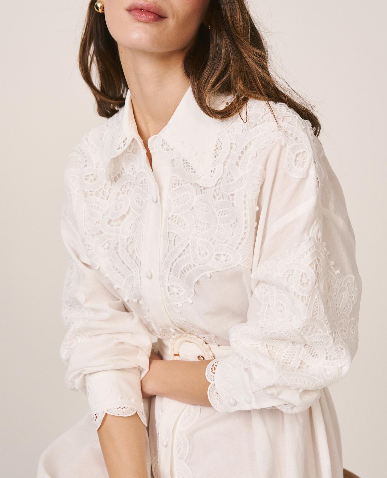 Vestido Midi Bordado de Manga Comprida com Cinto Branco-5