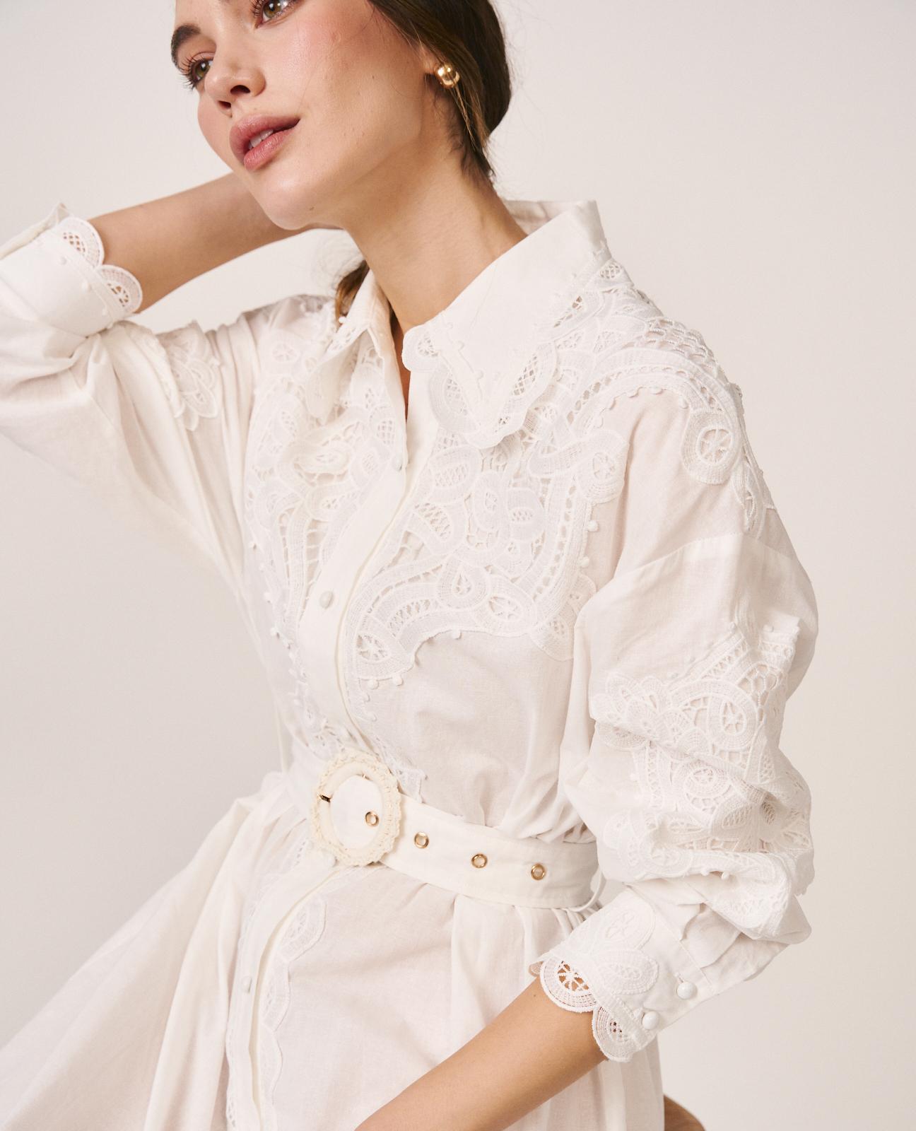 Vestido Midi Bordado de Manga Comprida com Cinto Branco-6