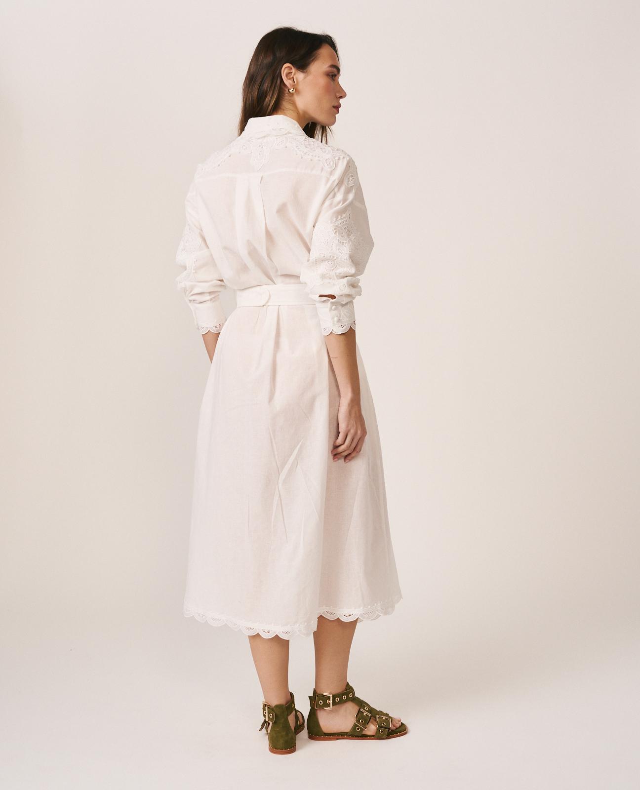 Vestido Midi Bordado de Manga Comprida com Cinto Branco-7