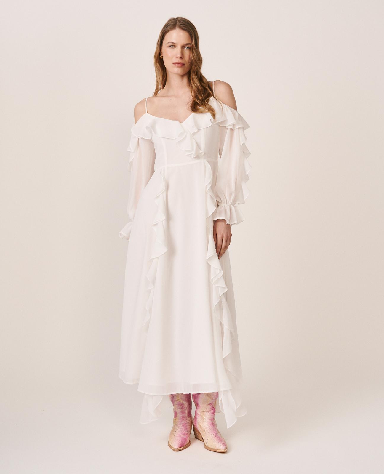 Vestido Midi de Manga Comprida e Ombros Descobertos com Decote em V Branco-2