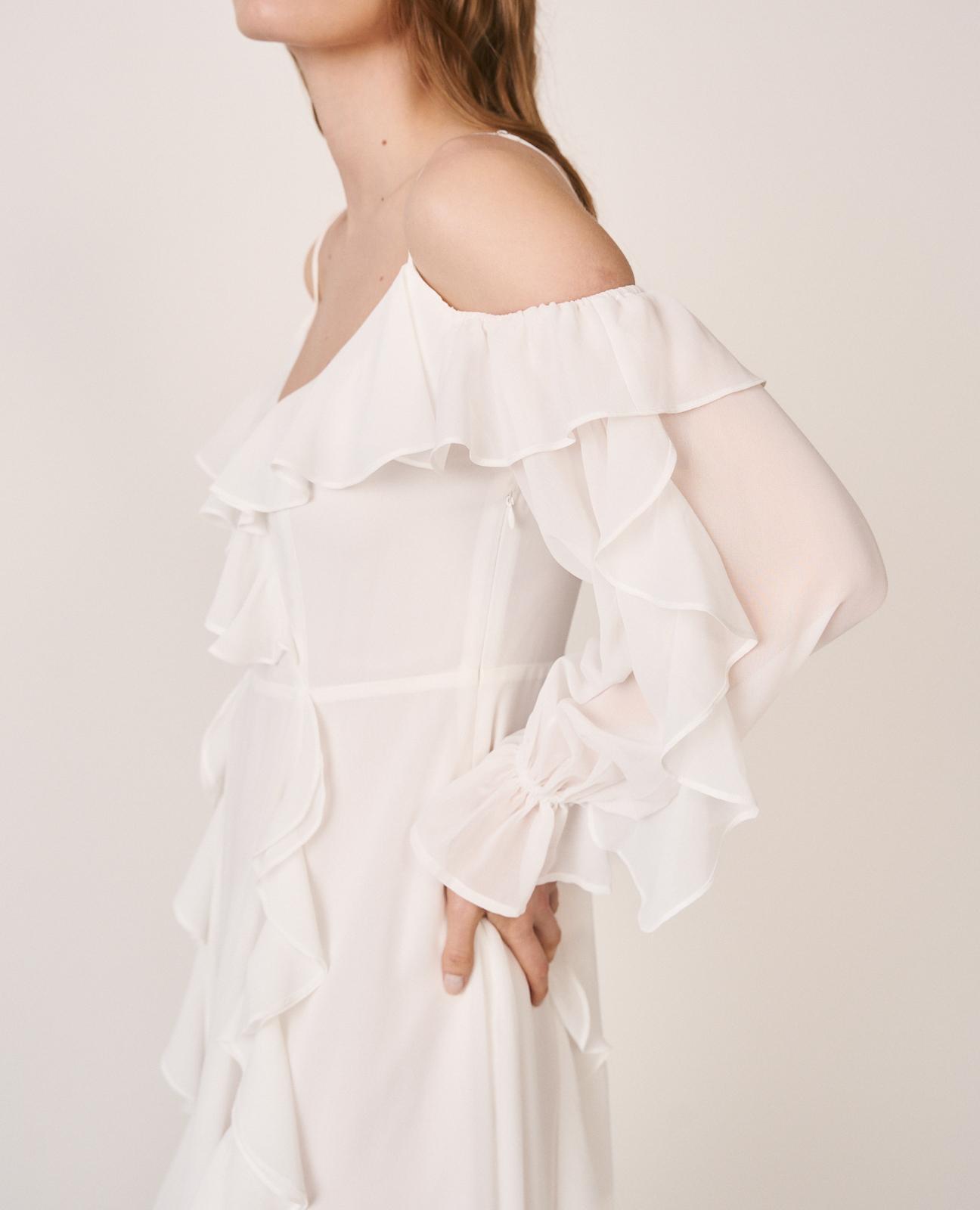 Vestido Midi de Manga Comprida e Ombros Descobertos com Decote em V Branco-4