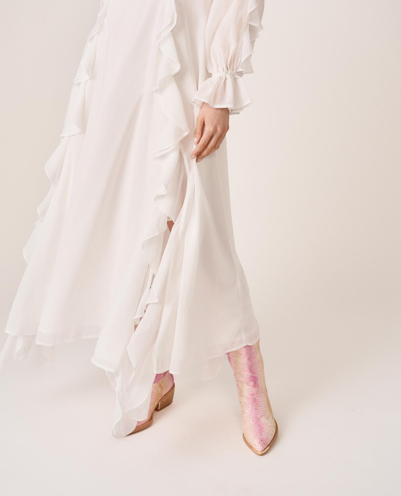 Vestido Midi de Manga Comprida e Ombros Descobertos com Decote em V Branco-6