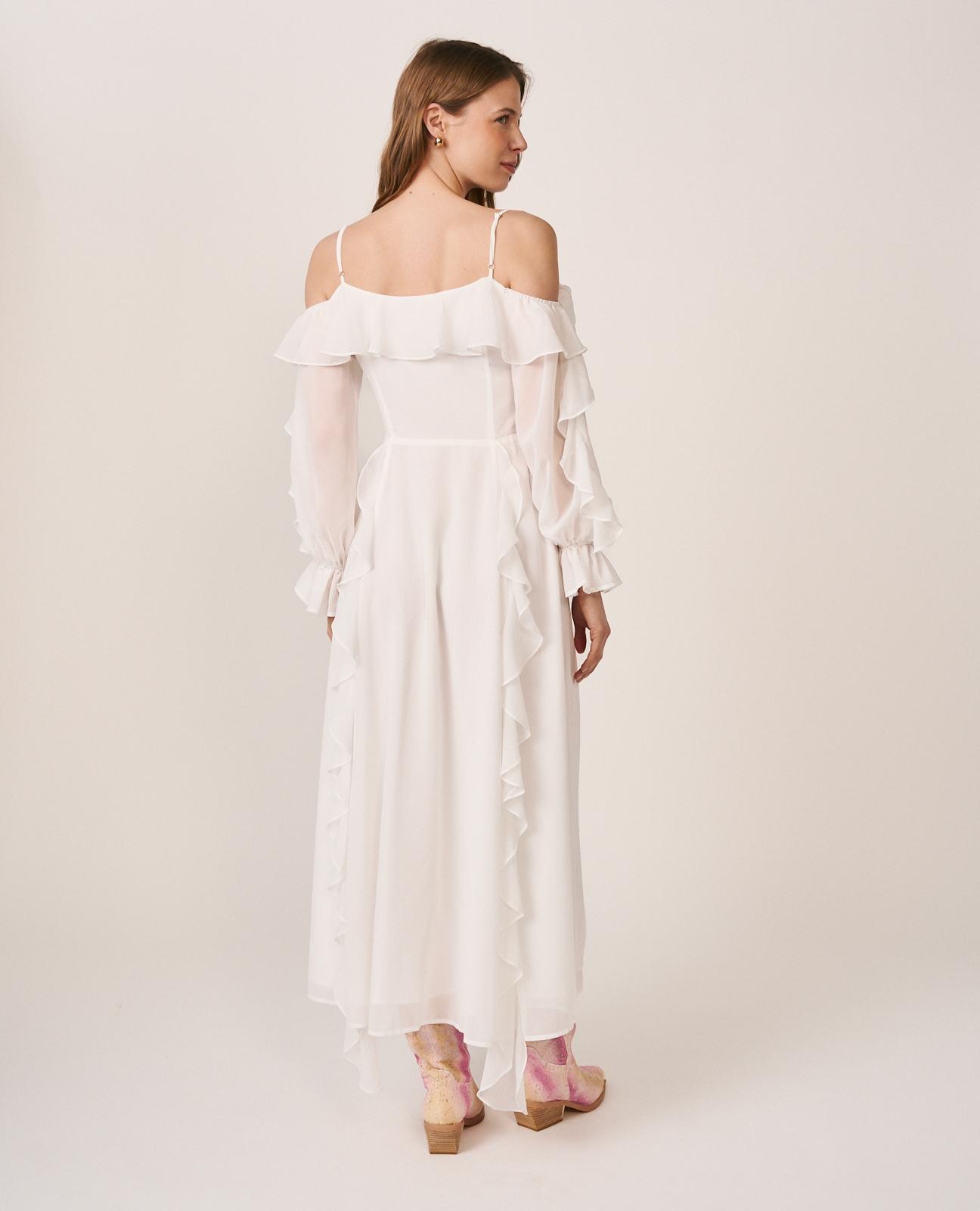 Vestido Midi de Manga Comprida e Ombros Descobertos com Decote em V Branco-8