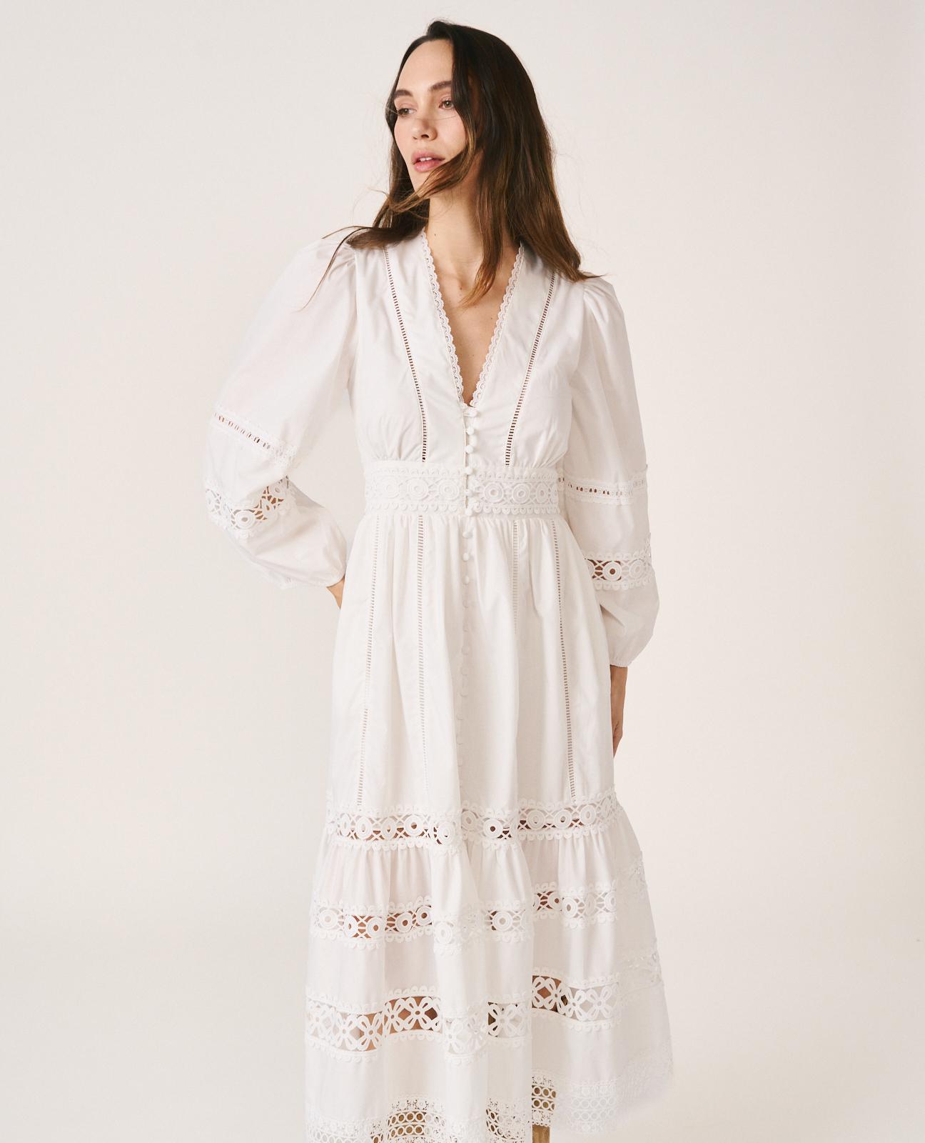 Vestido Midi com Detalhes de Passamanaria Perfurada e Manga Comprida Ablusada Branco-2