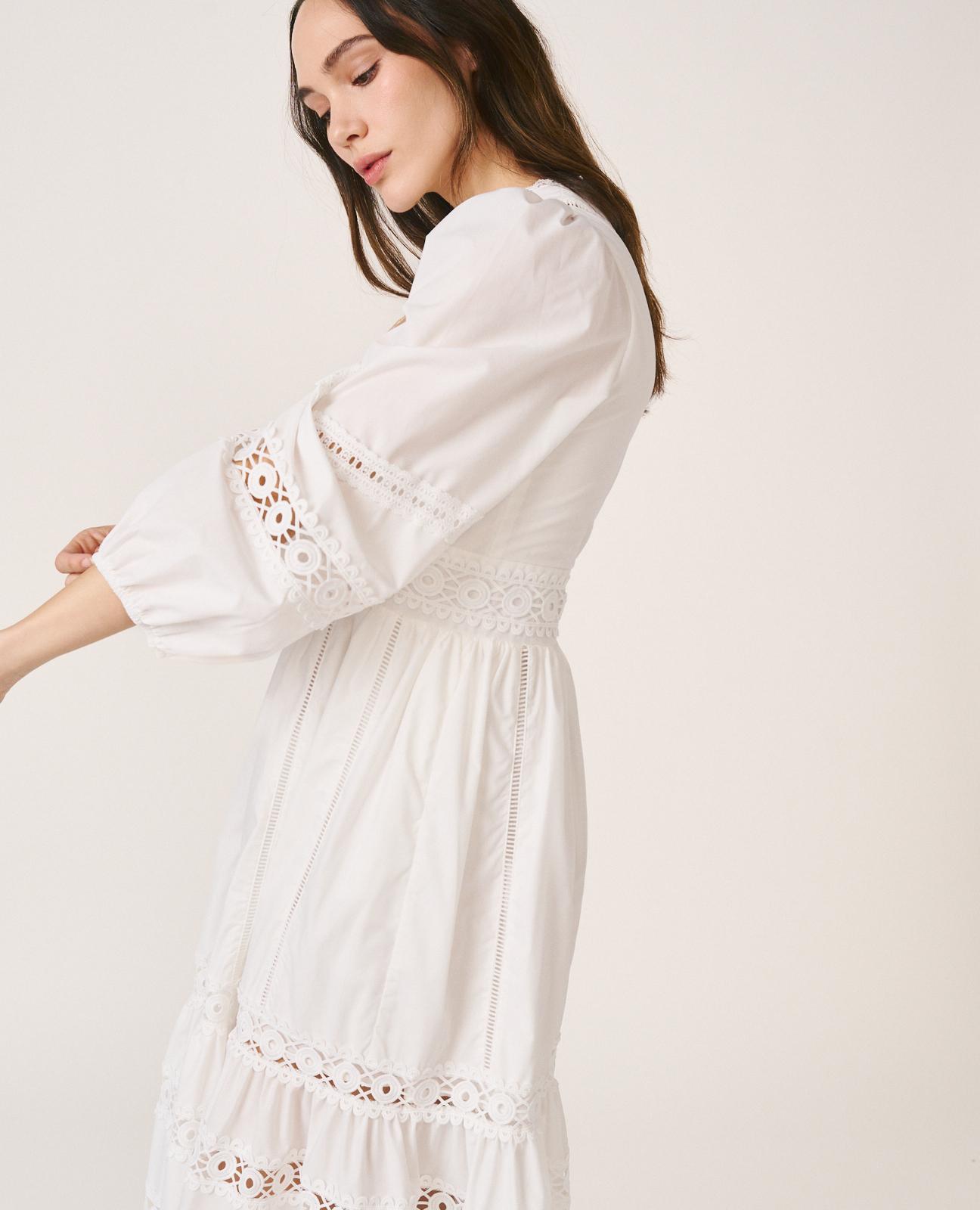 Vestido Midi com Detalhes de Passamanaria Perfurada e Manga Comprida Ablusada Branco-3