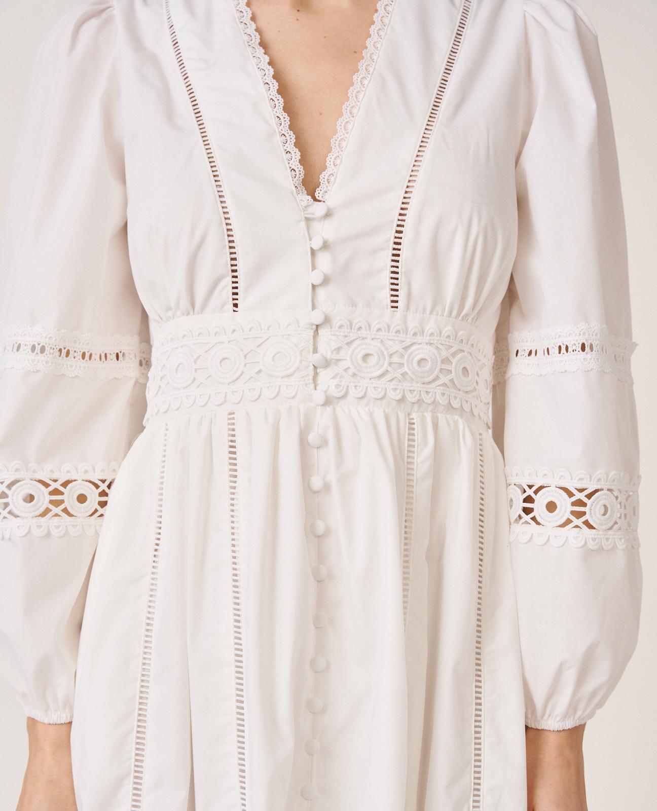 Vestido Midi com Detalhes de Passamanaria Perfurada e Manga Comprida Ablusada Branco-4