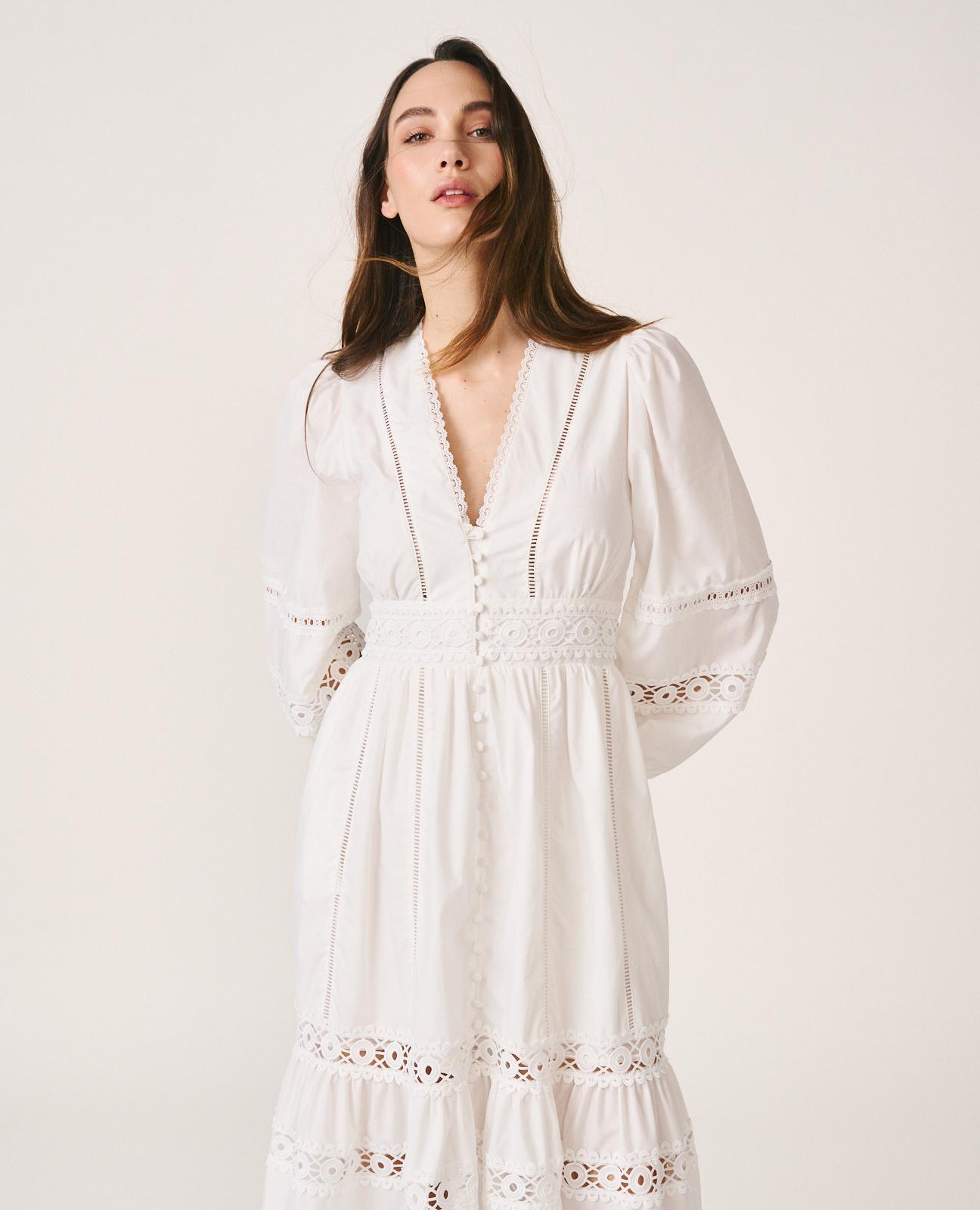 Vestido Midi com Detalhes de Passamanaria Perfurada e Manga Comprida Ablusada Branco-5