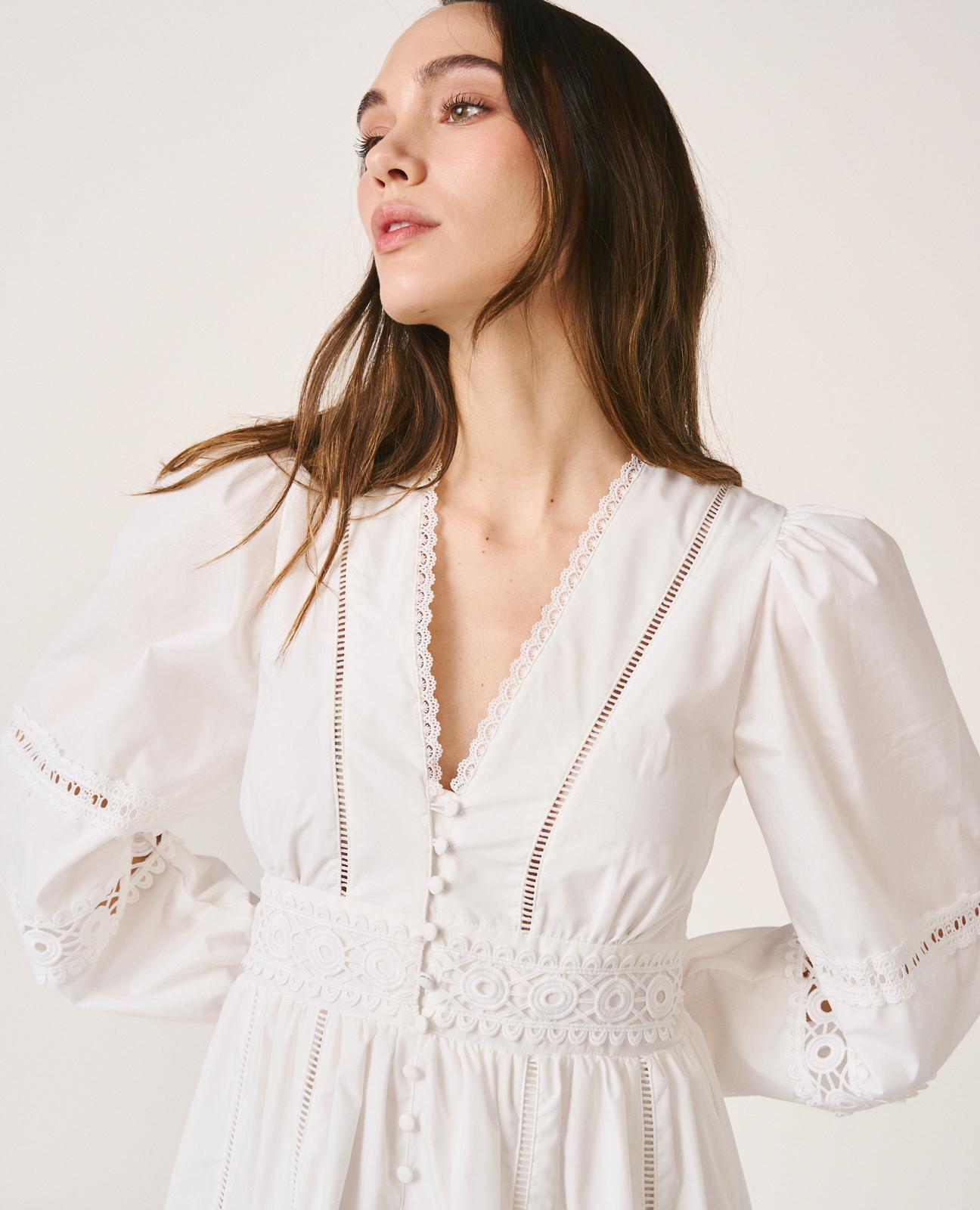 Vestido Midi com Detalhes de Passamanaria Perfurada e Manga Comprida Ablusada Branco-7