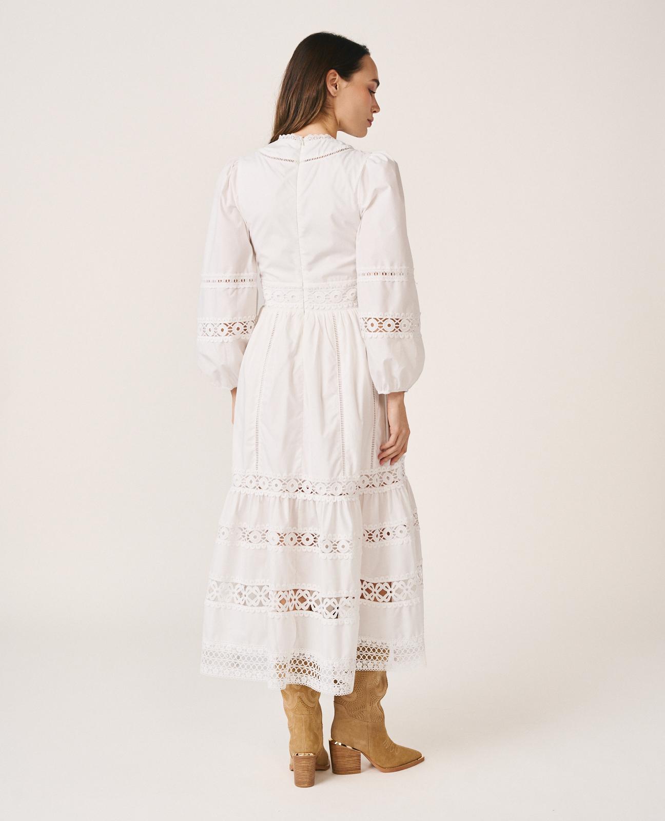 Vestido Midi com Detalhes de Passamanaria Perfurada e Manga Comprida Ablusada Branco-8