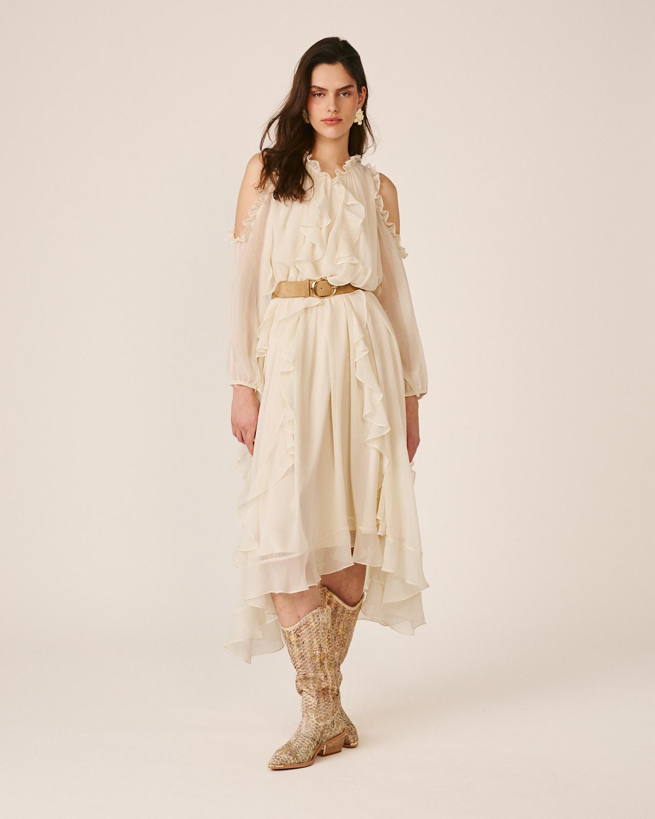 Vestido Midi Fluído com Folhos Verticais e Ombros Descobertos Branco-2
