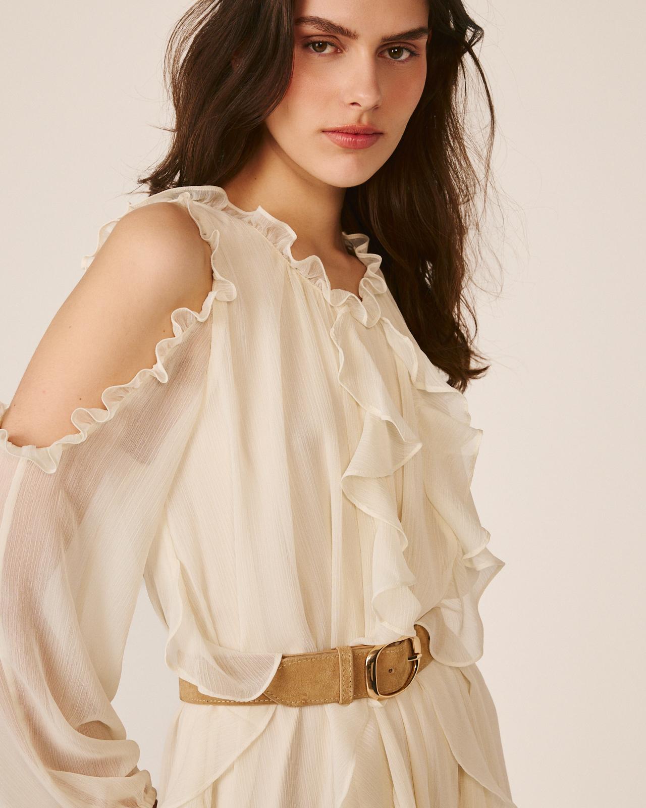 Vestido Midi Fluído com Folhos Verticais e Ombros Descobertos Branco-3