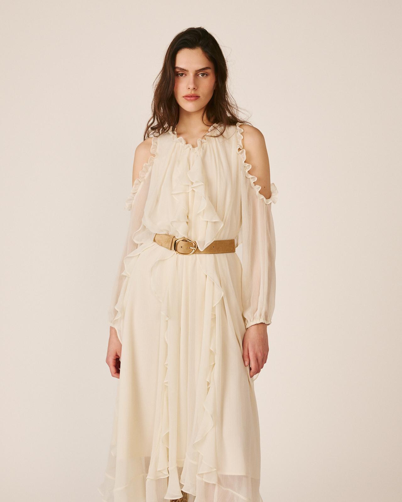 Vestido Midi Fluído com Folhos Verticais e Ombros Descobertos Branco-4