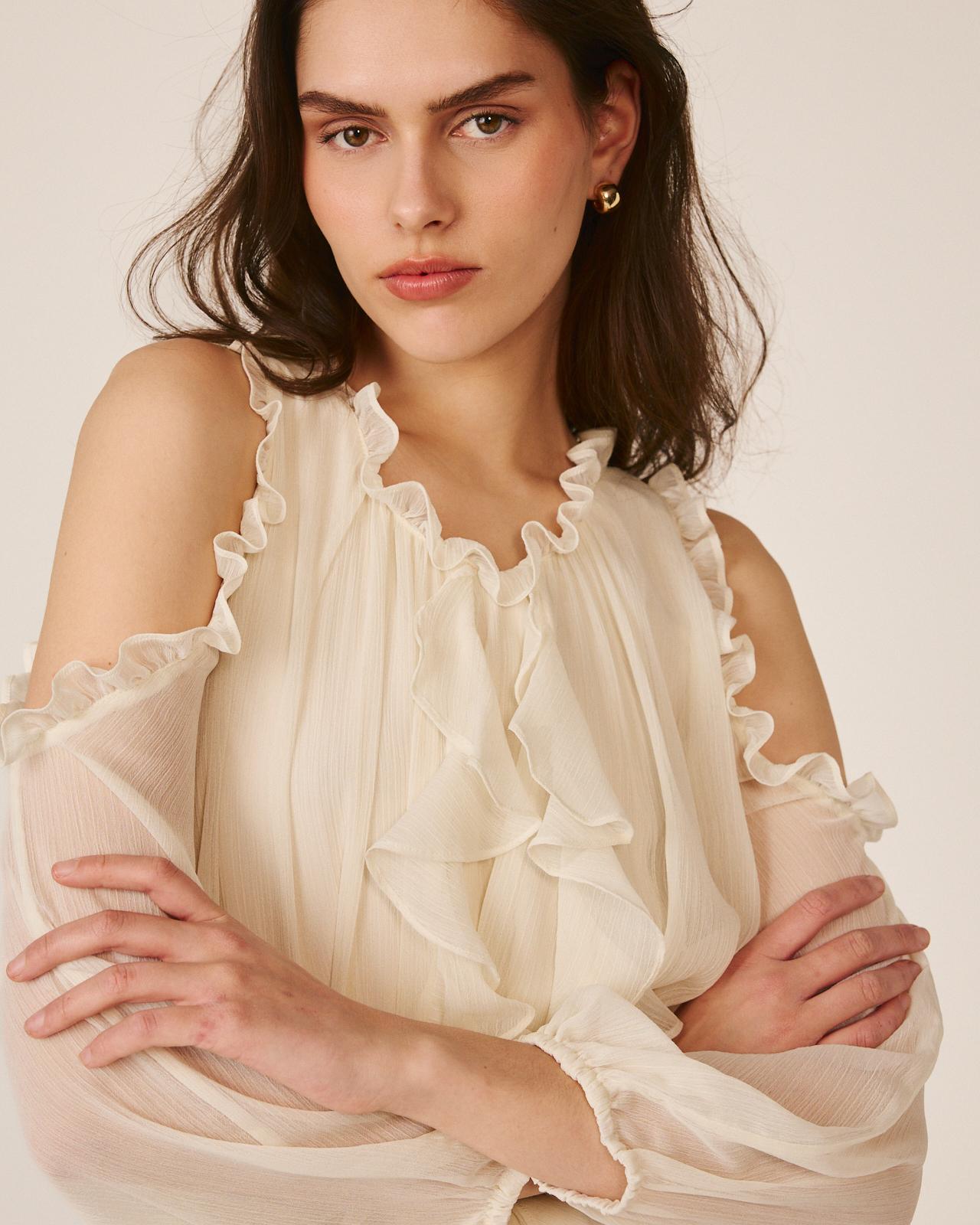 Vestido Midi Fluído com Folhos Verticais e Ombros Descobertos Branco-5