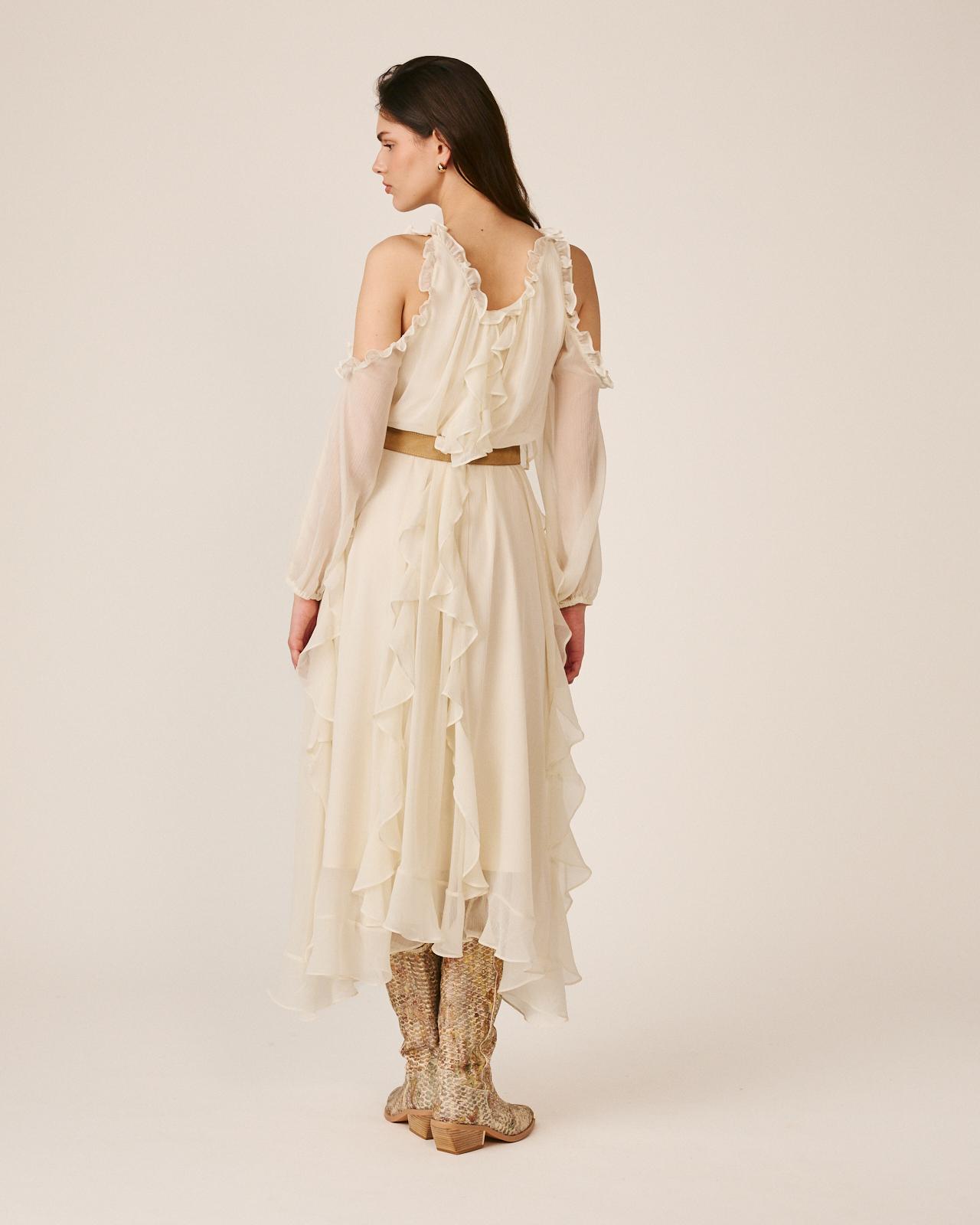 Vestido Midi Fluído com Folhos Verticais e Ombros Descobertos Branco-6