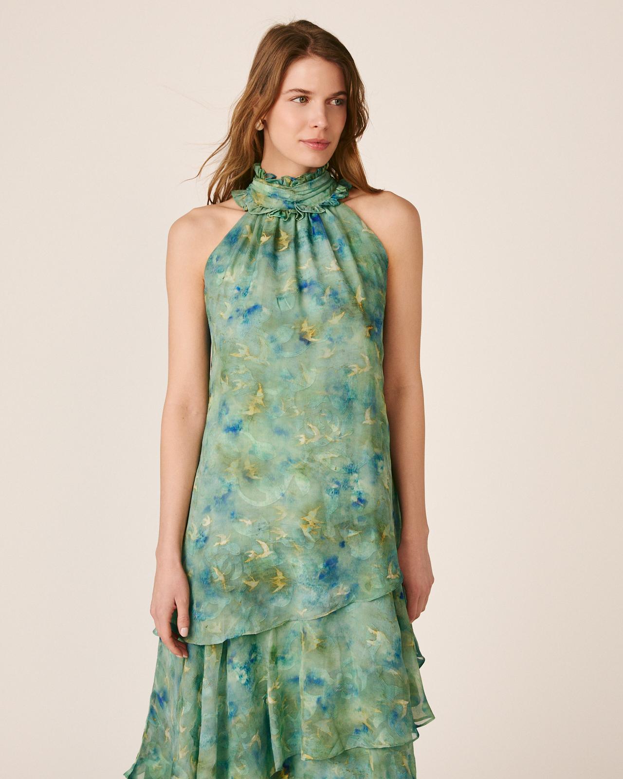 Vestido Midi Fluido com Folhos e Gola Halter Plissada com Folhos Turquesa-2