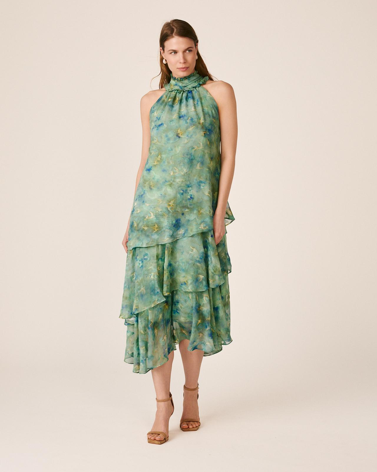 Vestido Midi Fluido com Folhos e Gola Halter Plissada com Folhos Turquesa-3